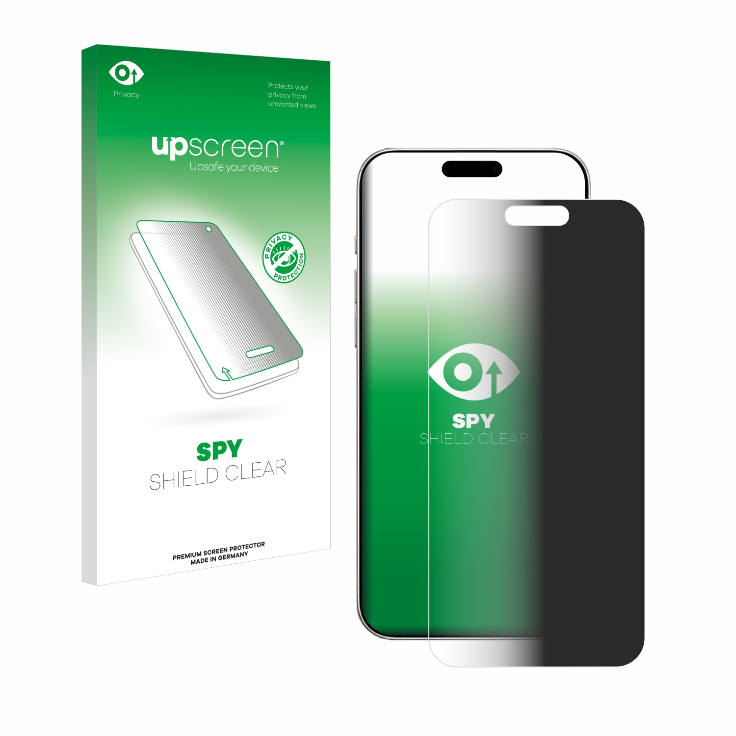Schachtel mit Displayschutzfolie und Telefon. Shield Clear-Etikett. Weißer Hintergrund.