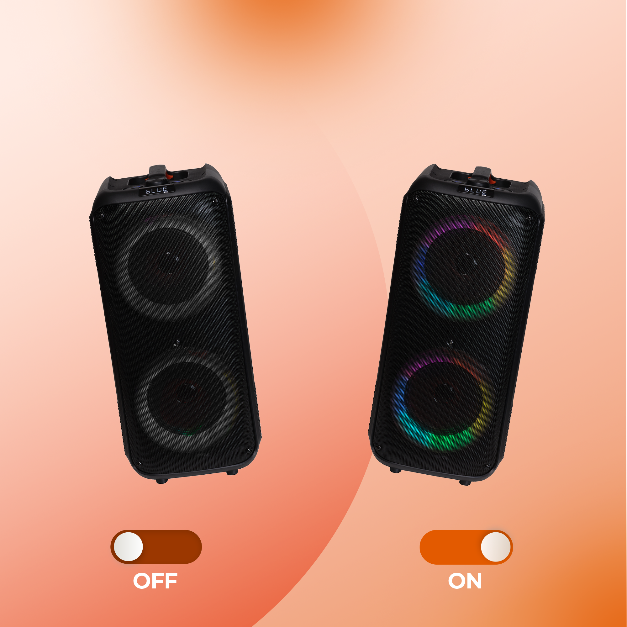 Zwei schwarze Lautsprecher, einer aus, einer an, mit farbigen Lichtern auf orangefarbenem Hintergrund.