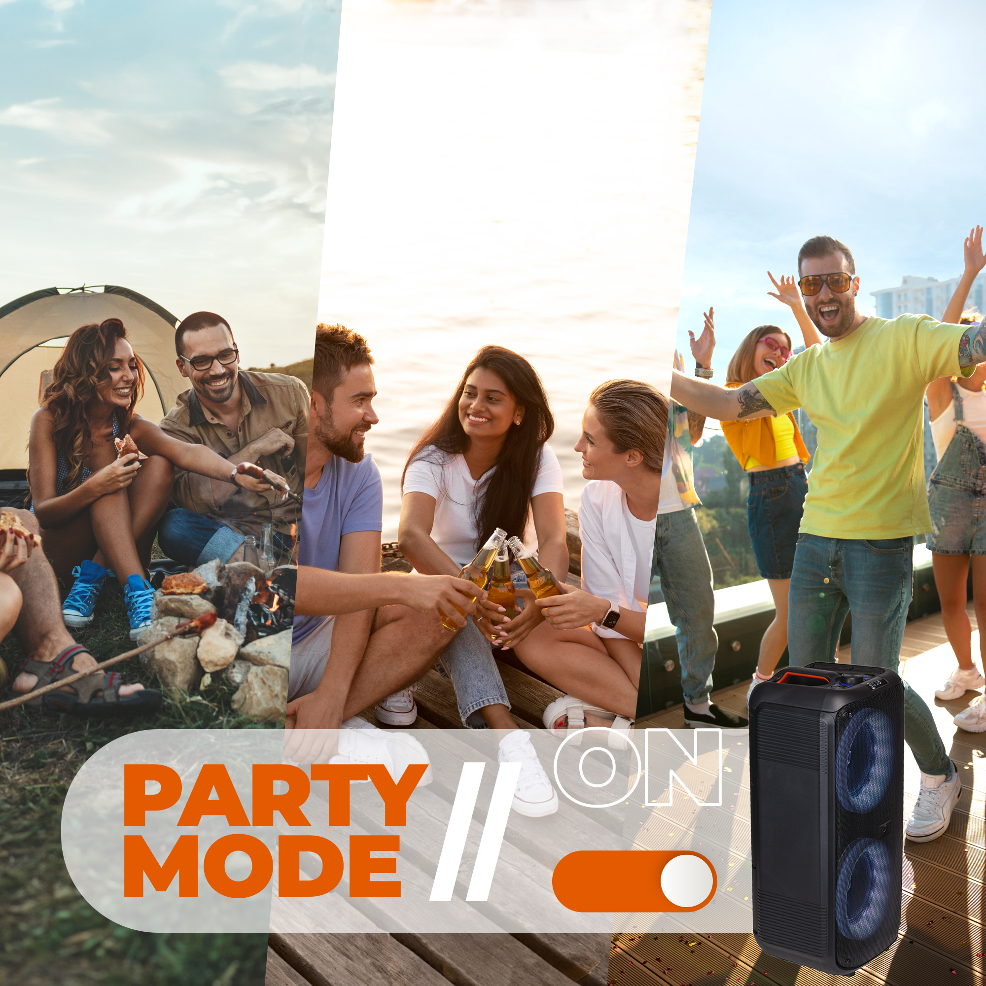 Leute genießen eine Party, mit einem großen Lautsprecher und einem Kippschalter.