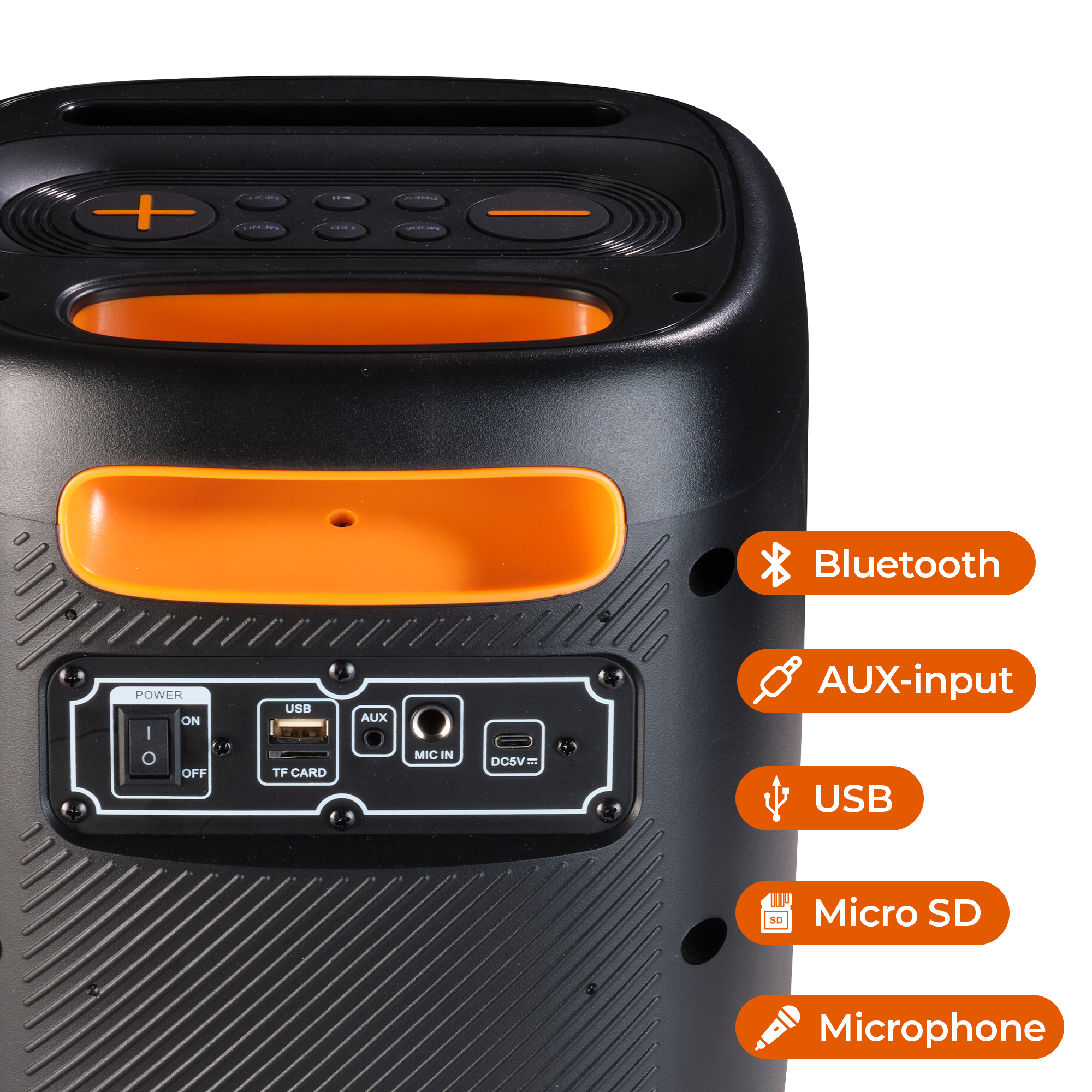Zwarte en oranje speaker. Het heeft bedieningsknoppen, USB, AUX en andere invoeropties.