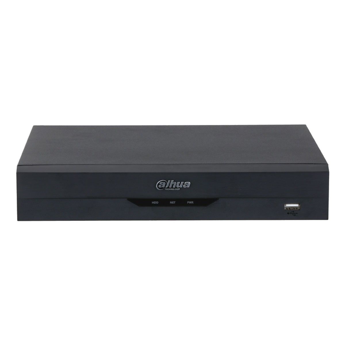 Un dispositivo di registrazione Dahua Technology nero con indicatori HDD, NET, PWR e una porta USB.