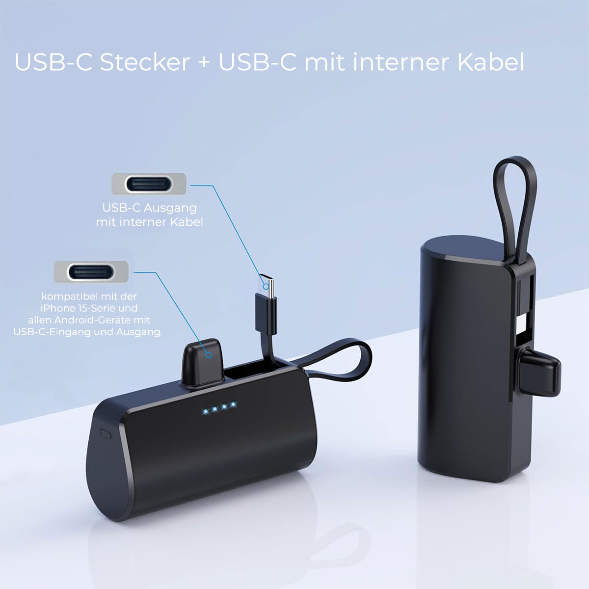 USB-C çıkışlı ve kablolu siyah ve gümüş powerbank, açık renkli arka plan üzerinde.