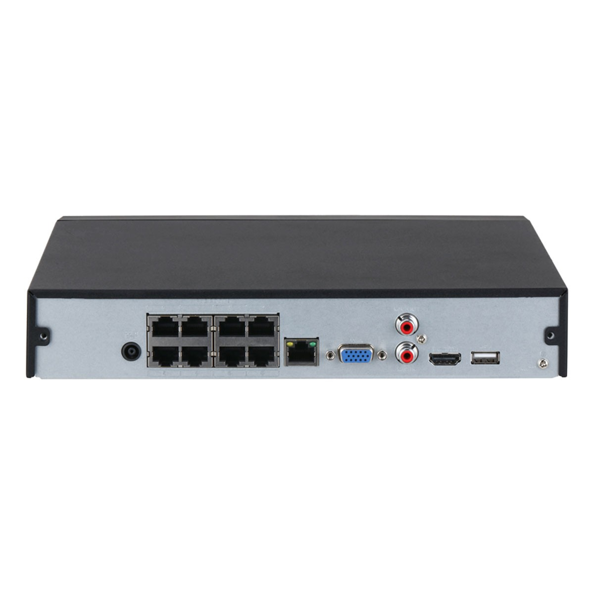 Vista posteriore di un DVR nero con più porte: 8 Ethernet, 1 VGA, 2 RCA, 1 HDMI, 1 USB.