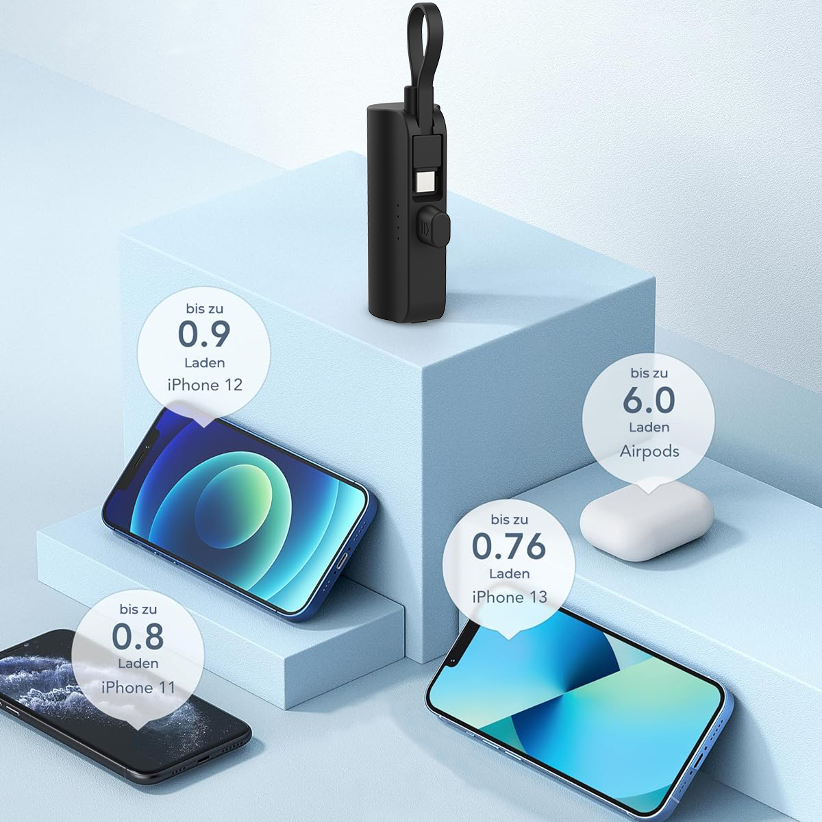 Telefonlarla mavi platformlar üzerinde siyah güç bankası. iPhone 11, 12, 13 ve AirPods için şarj sürelerini gösterir.