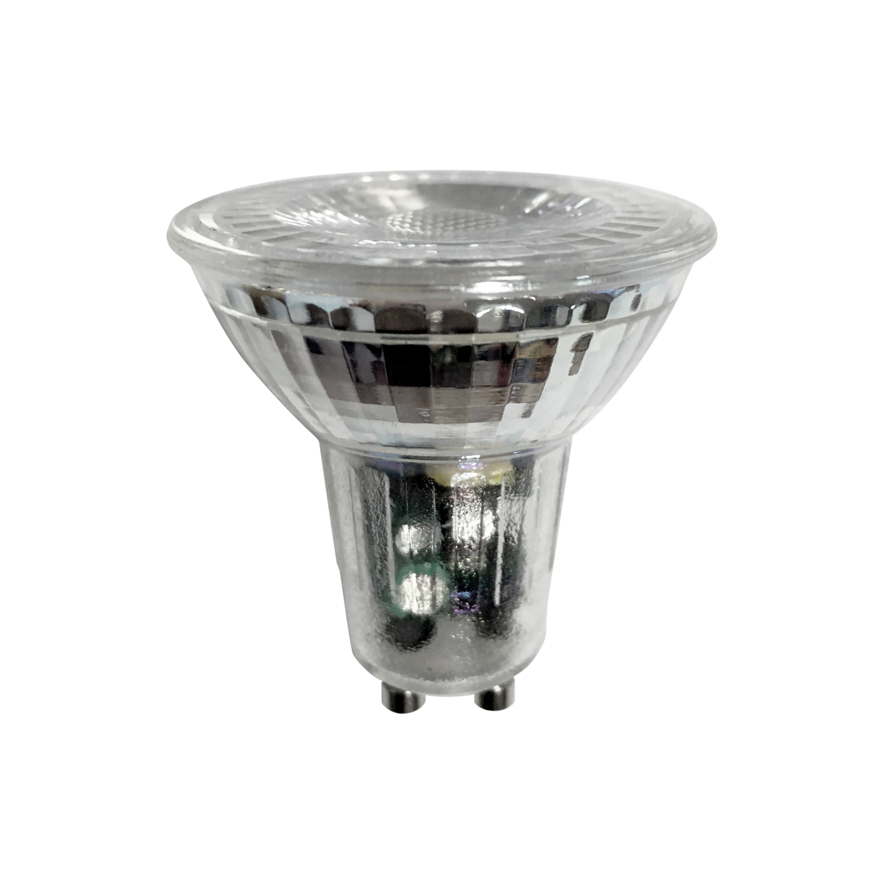 Lampadina in vetro trasparente con base argentata.