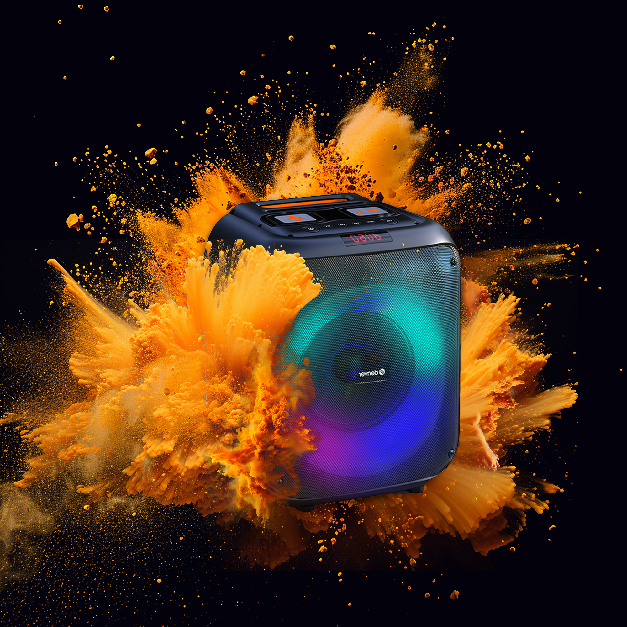 Un altavoz negro con efectos de explosión naranja y azul. La luz colorida emana del altavoz.