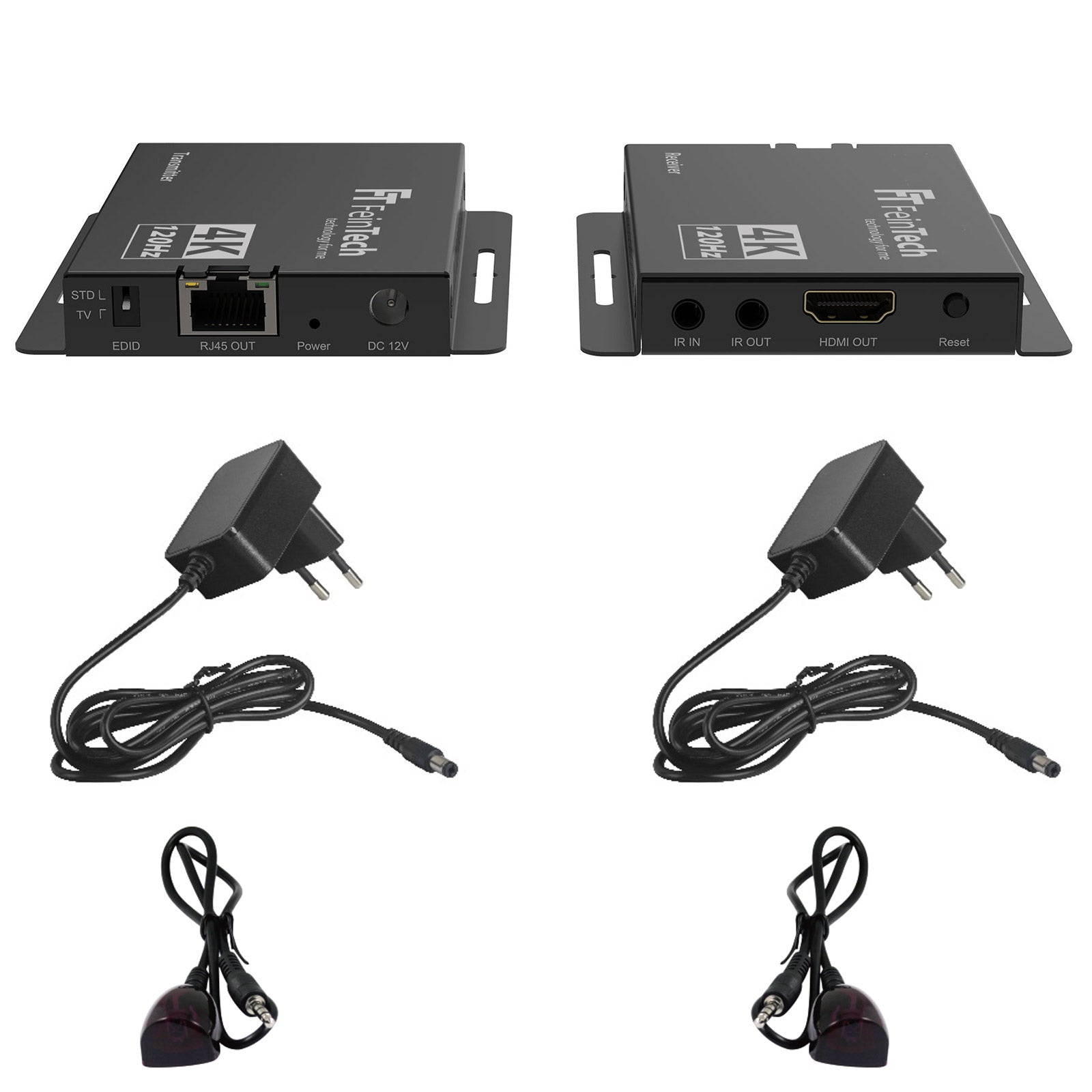 Zwei schwarze Videokonverter mit schwarzen Netzteilen und IR-Empfängern. Ein schwarzes Kabel.