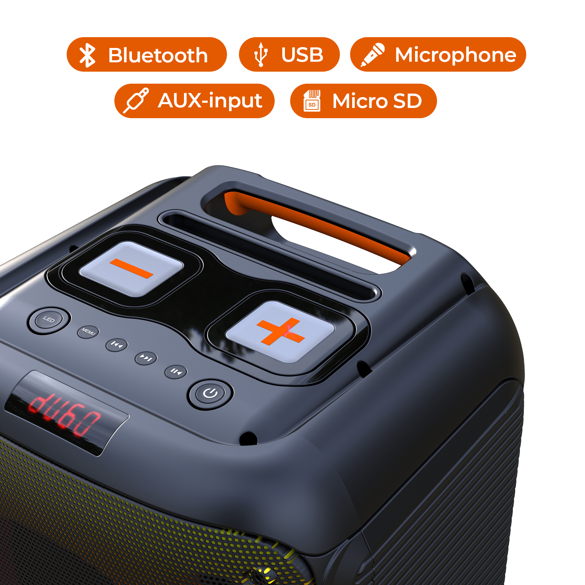 Un altavoz portátil negro y naranja con botones de control y pantalla.
