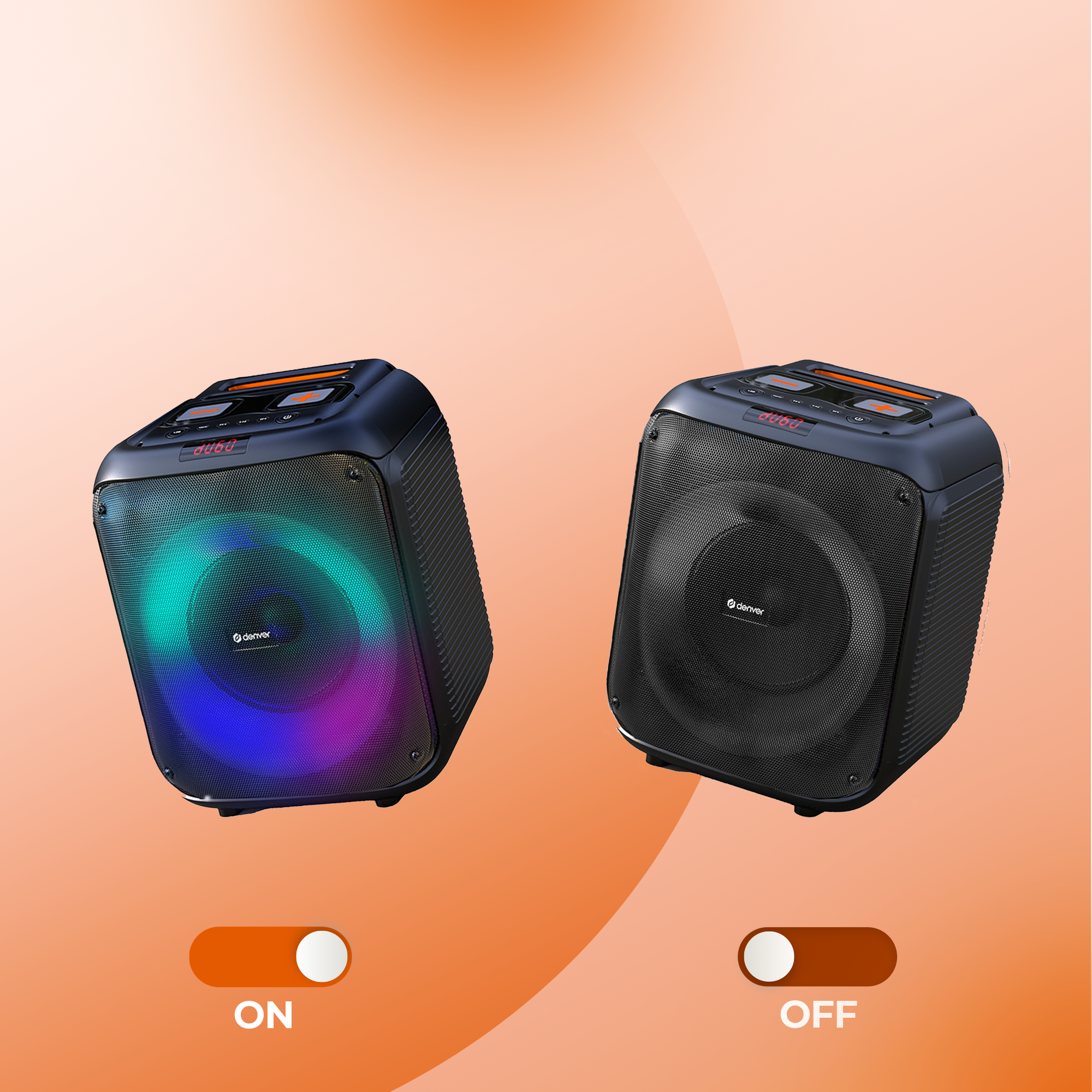 Dos altavoces, uno con luces de colores encendidas, el otro apagado, con etiquetas de encendido/apagado.