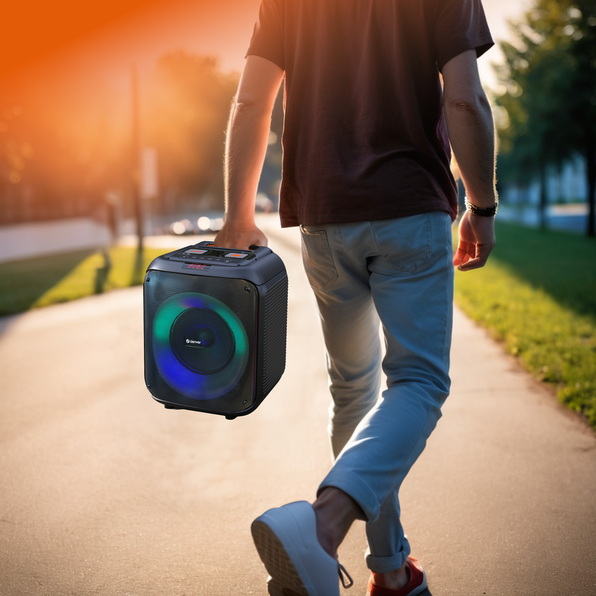 Hombre caminando con un altavoz portátil.