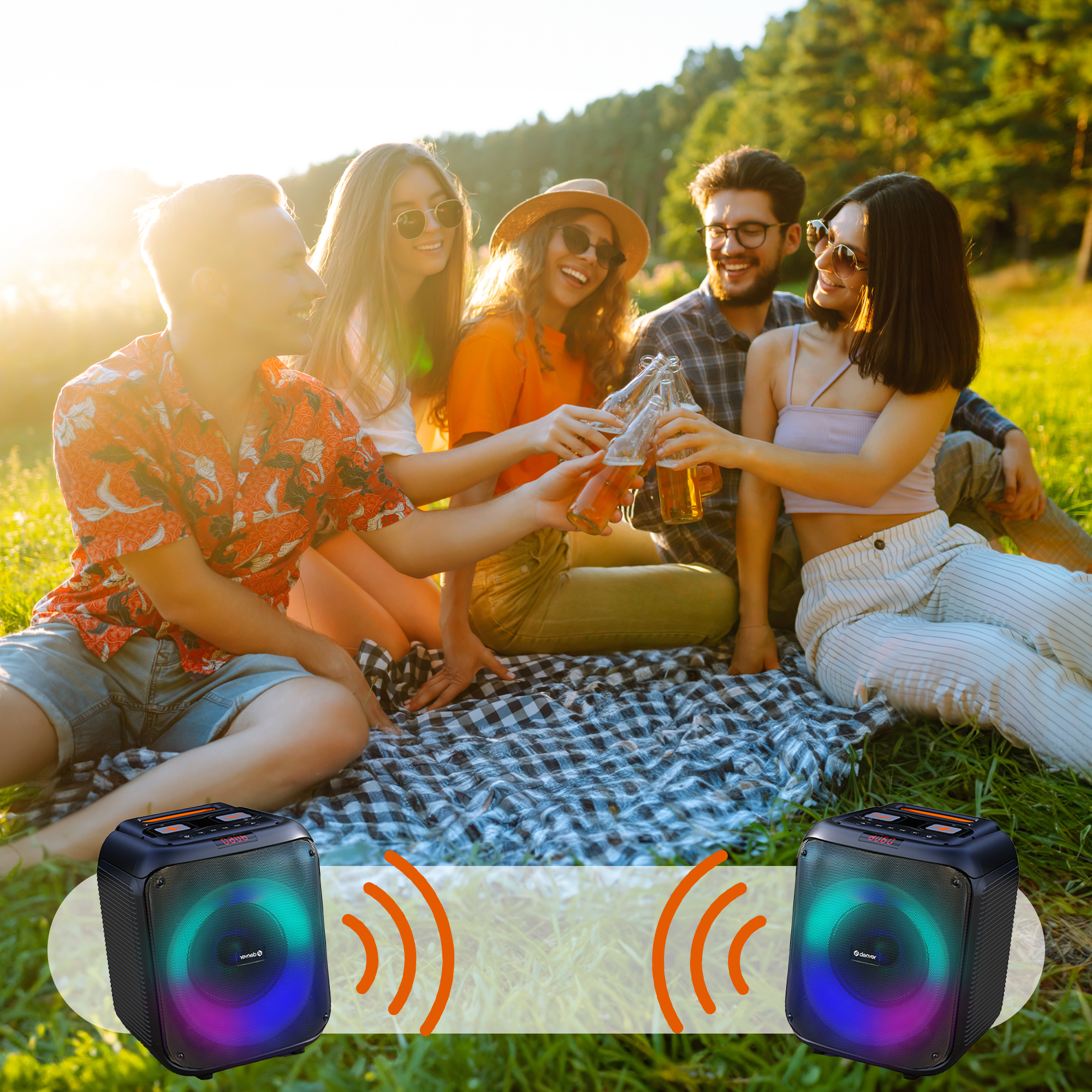Grupo de personas brindando con cervezas en una manta de picnic. Dos altavoces emiten ondas de sonido en primer plano.