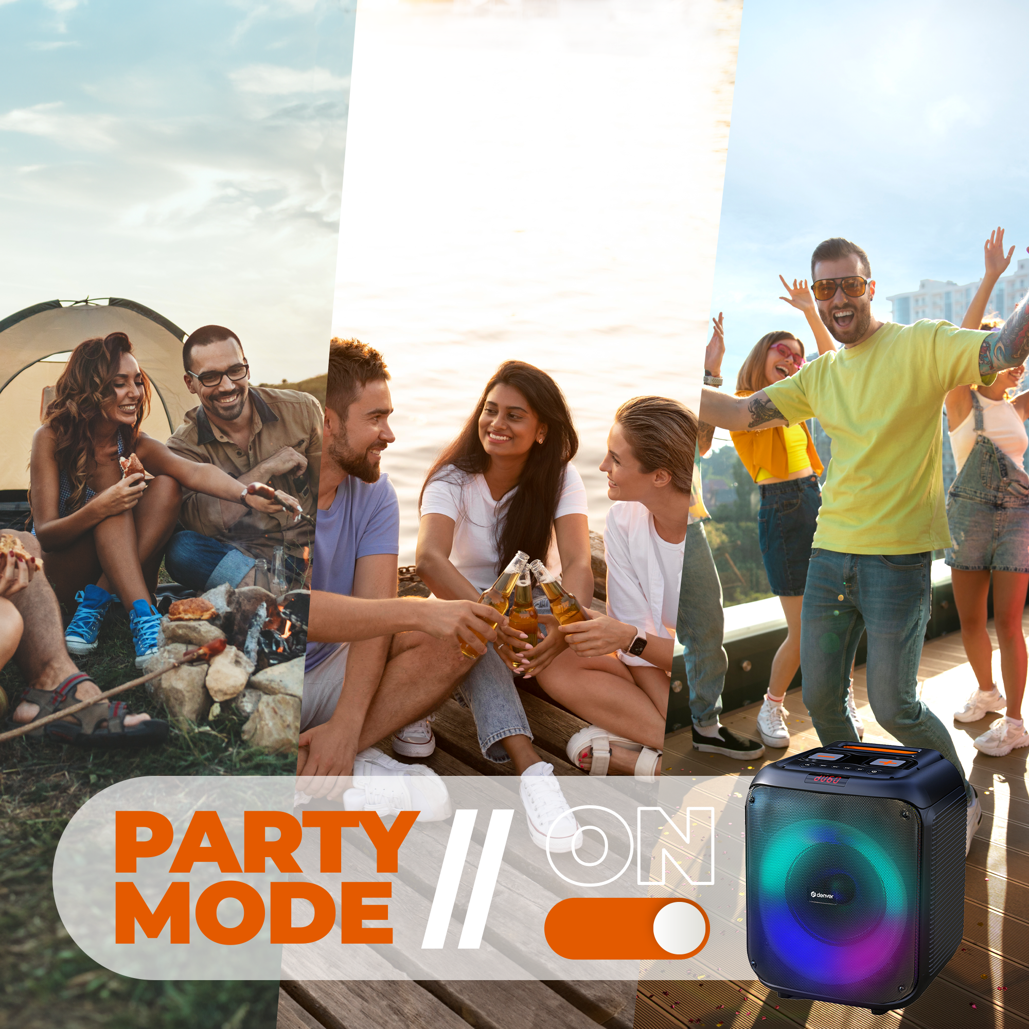 Gente disfrutando al aire libre con altavoz, texto "PARTY MODE ON".
