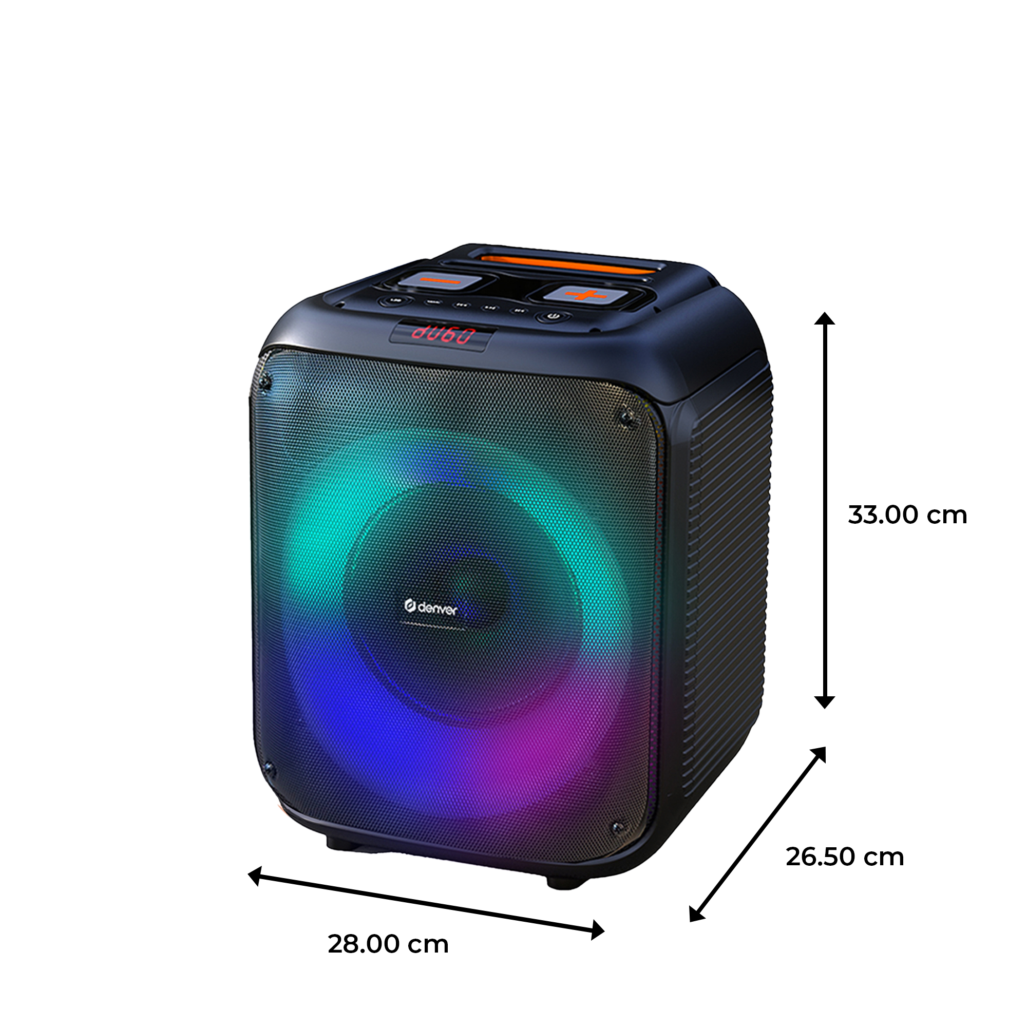 Un altavoz negro con efectos de luz coloridos. El altavoz tiene una pantalla y se indican las dimensiones.