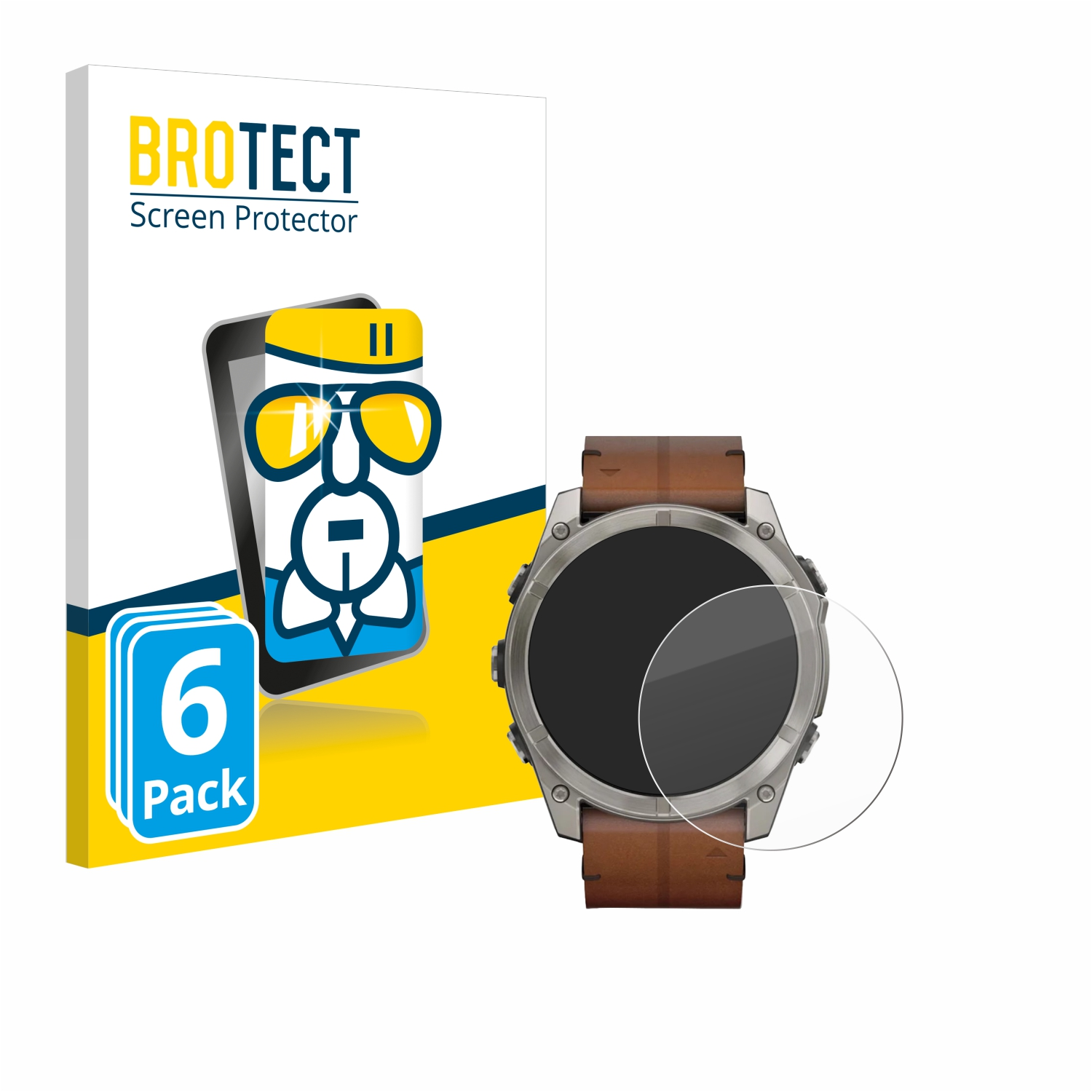 Brotect Displayschutzfolien-Paket und eine Smartwatch mit klarem Displayschutz darauf.