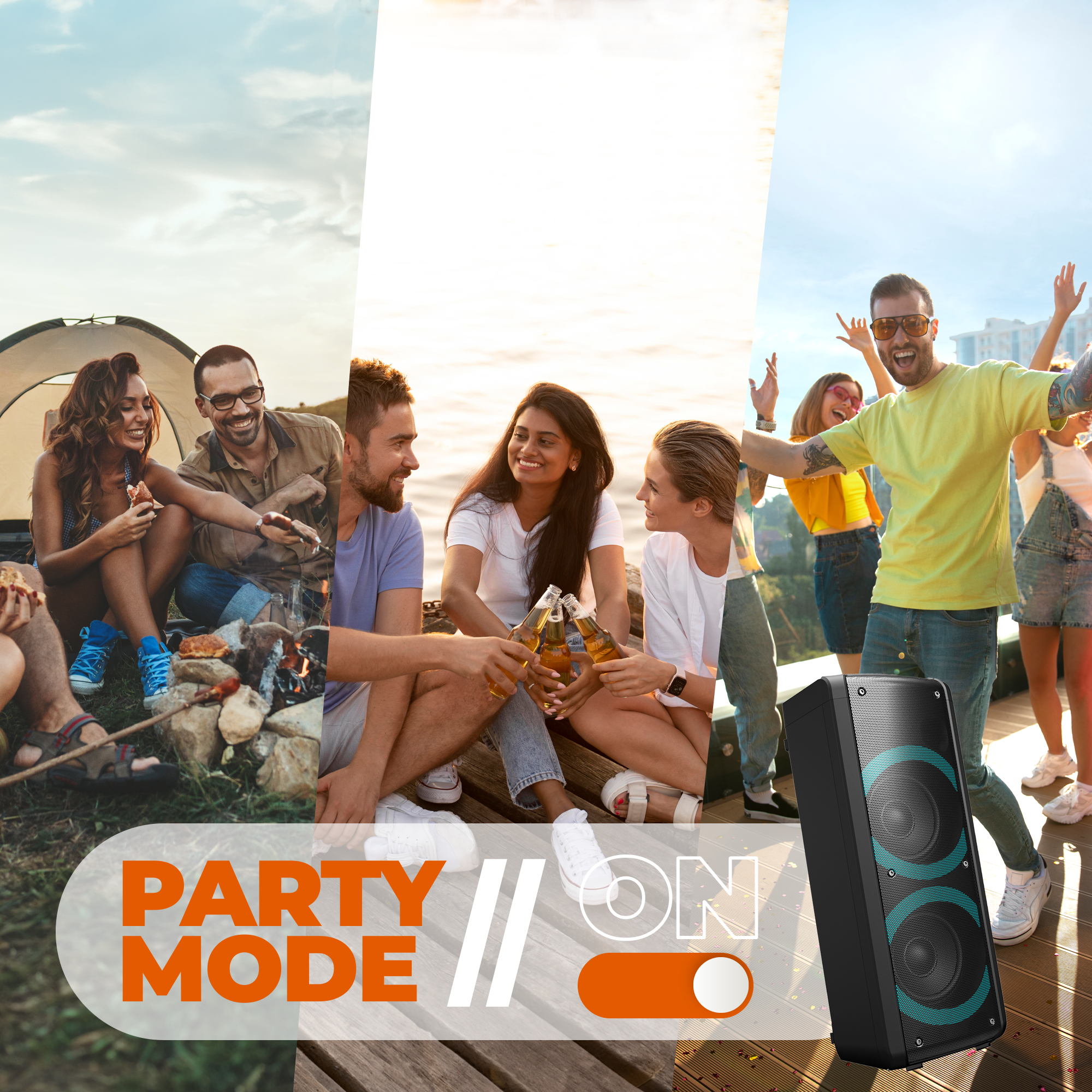 Afbeelding verdeeld met kampeer-, toast- en dansscènes met een speaker en party-modetekst.