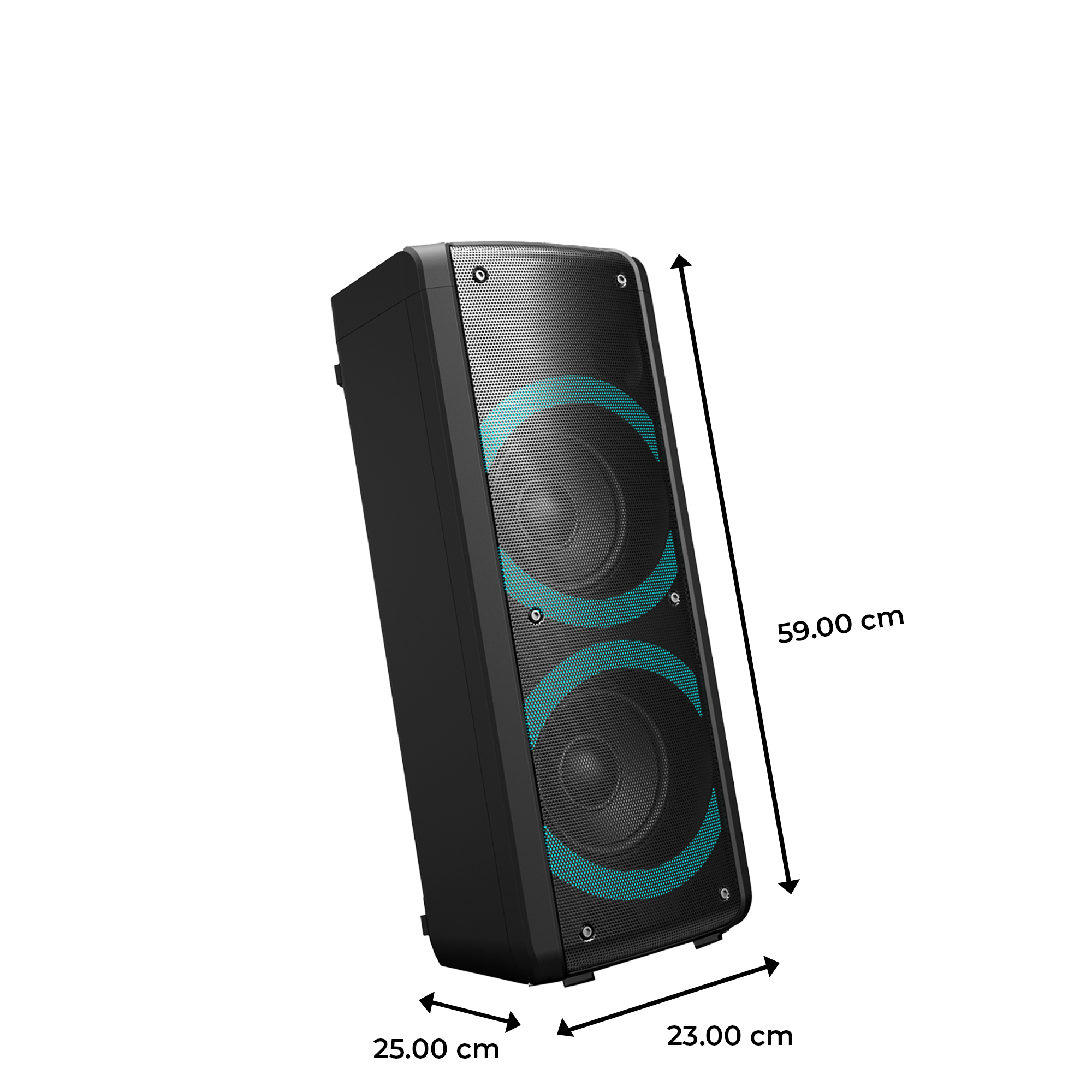 Zwarte speaker met blauwe accenten. Afmetingen: 59cm hoog, 25cm breed, 23cm diep.