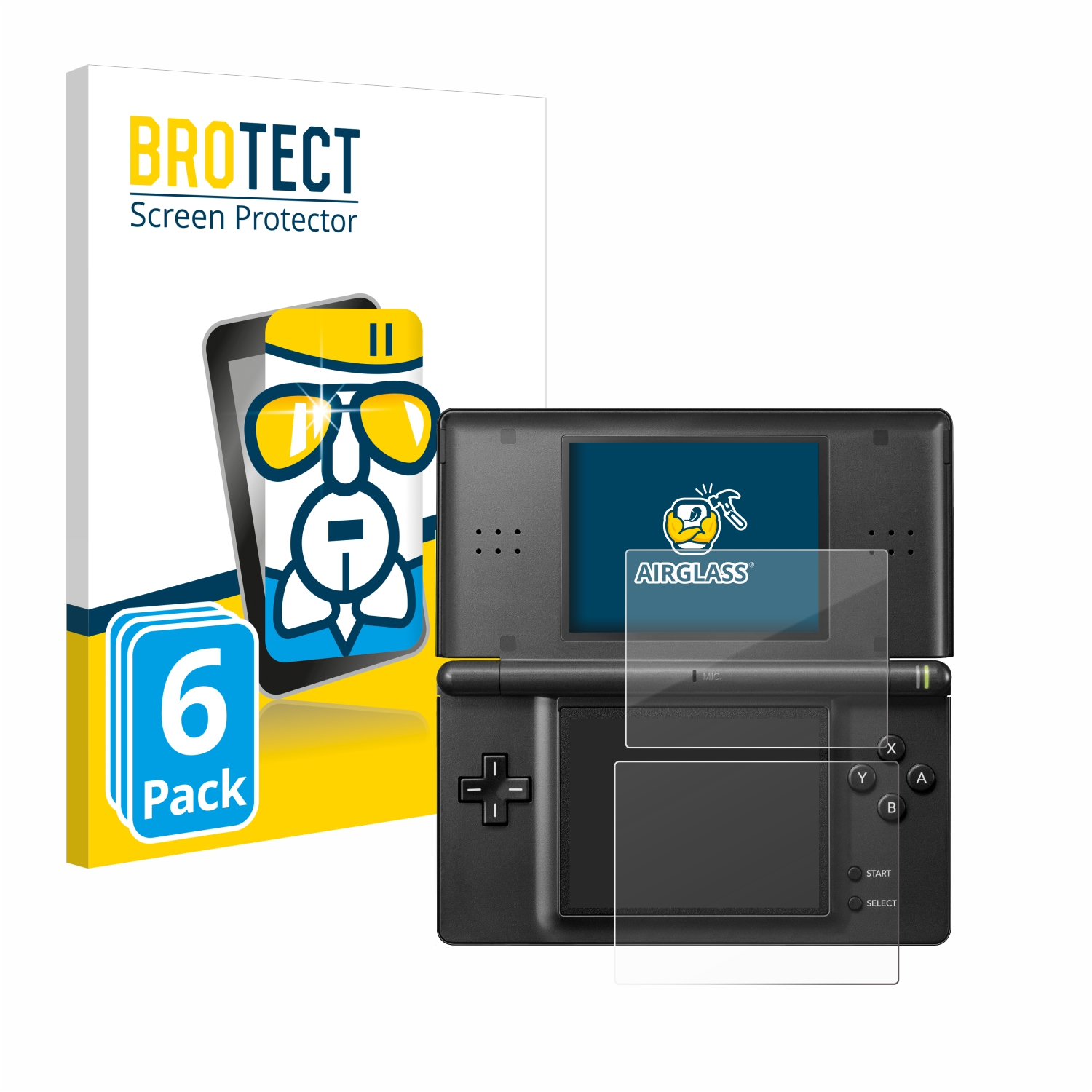 Ein schwarzes DS mit Displayschutz und einer Box. Die Box sagt '6er-Pack'.