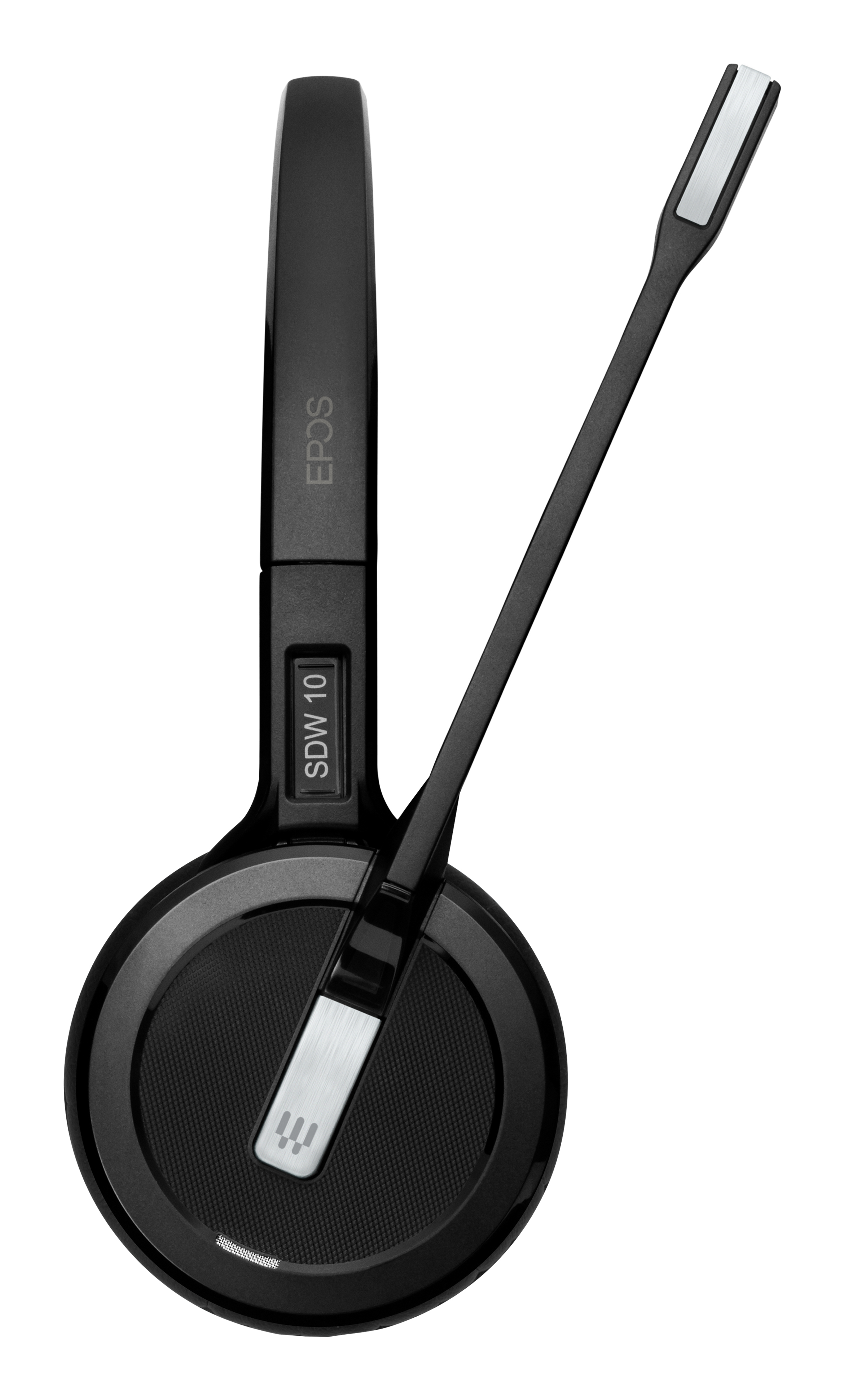 Casque sans fil noir avec un microphone et le logo EPOS.