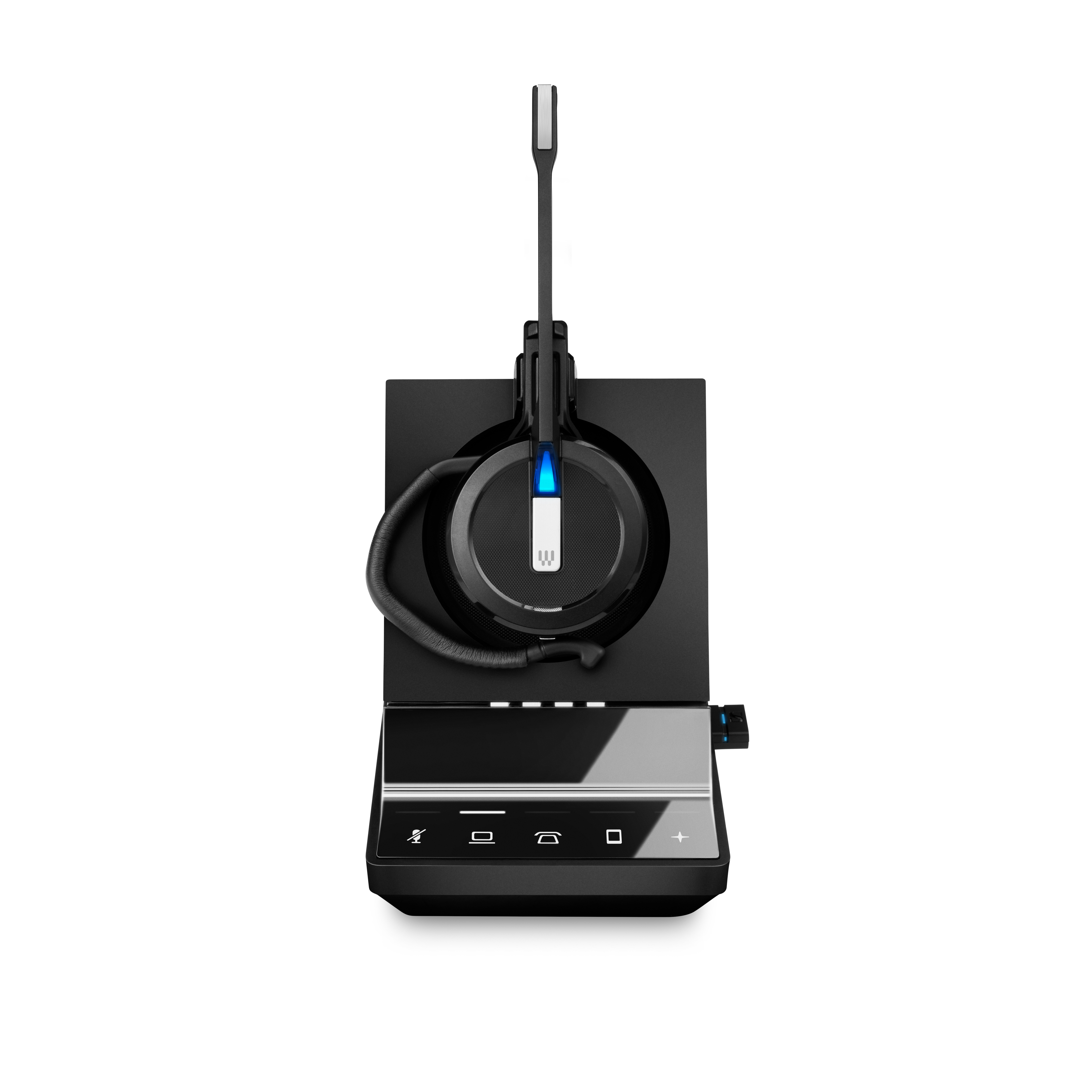 Schwarzes Headset auf schwarzer Basis mit Mikrofon. Mit Knöpfen und Display.