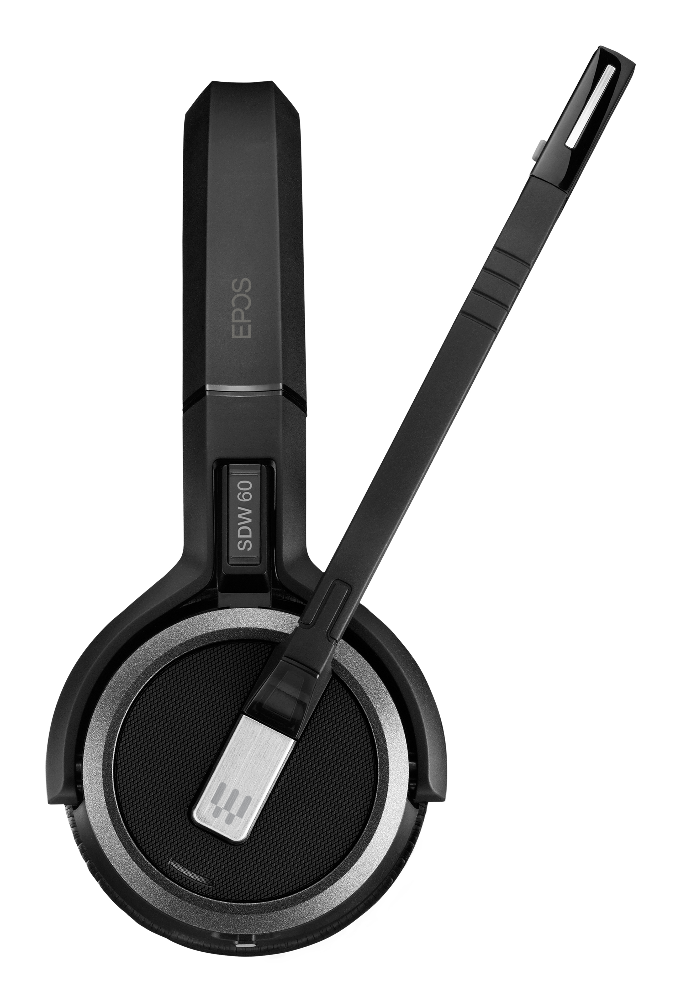 Czarny zestaw słuchawkowy z mikrofonem. Jest na białym tle. Widoczna jest nazwa marki EPOS.