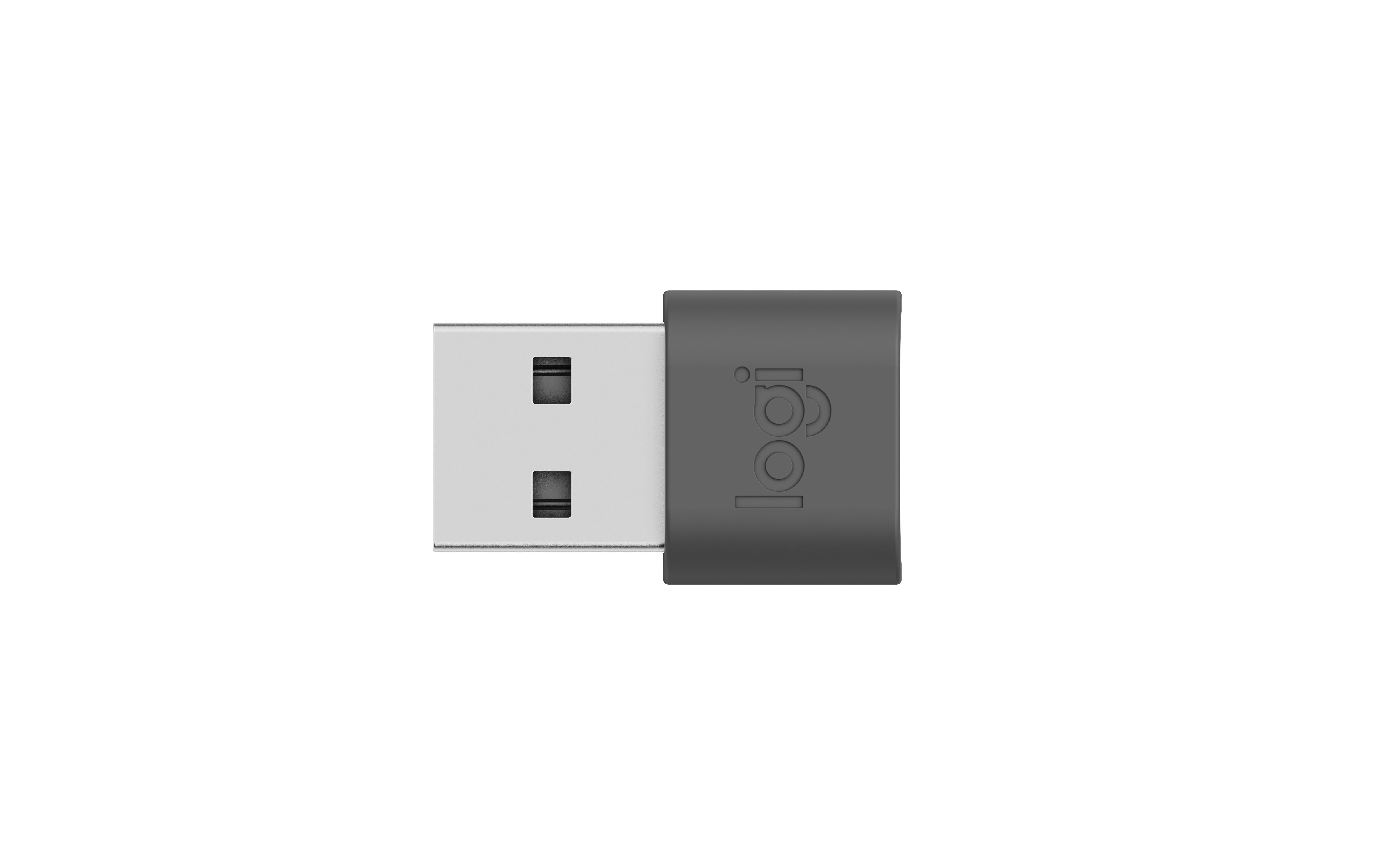 Szary dongle USB z logo na białym tle.