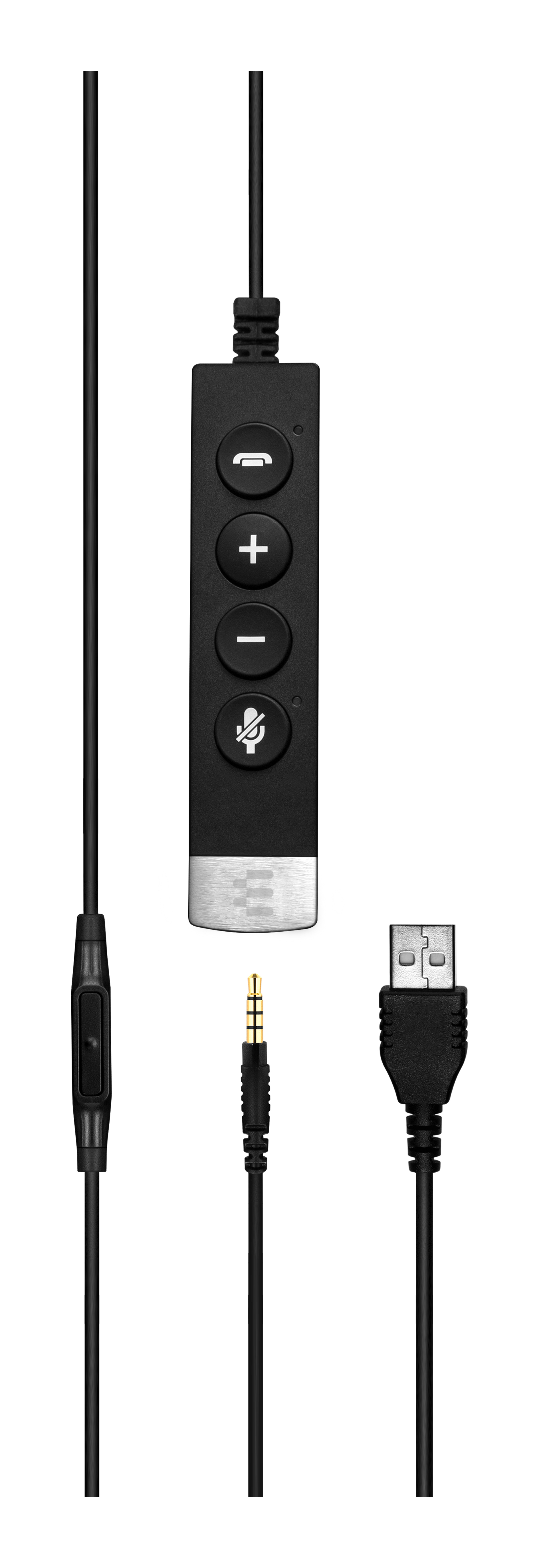 Cavo USB nero con controlli volume e microfono sul cavo.