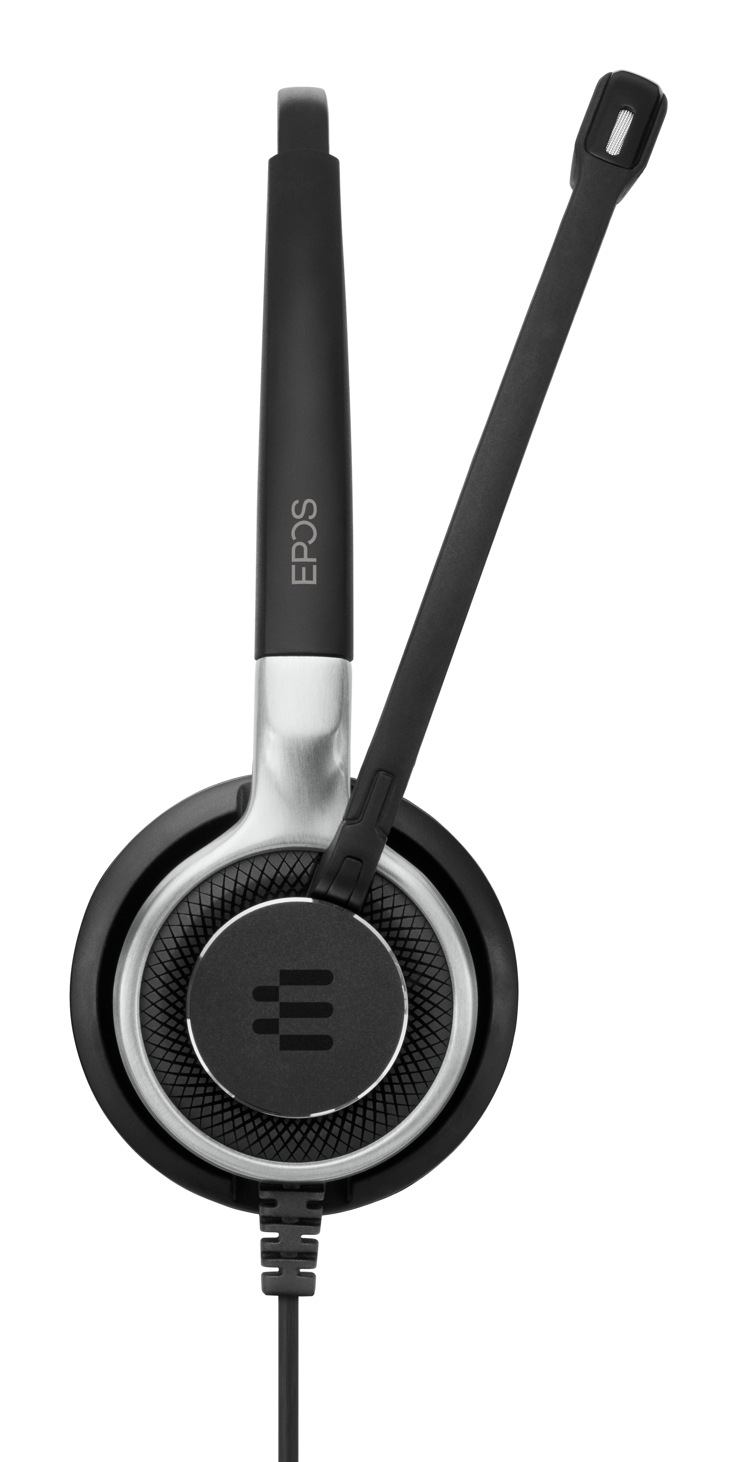 Een zwarte en zilverkleurige EPOS-headset met een microfoon, geïsoleerd op wit.