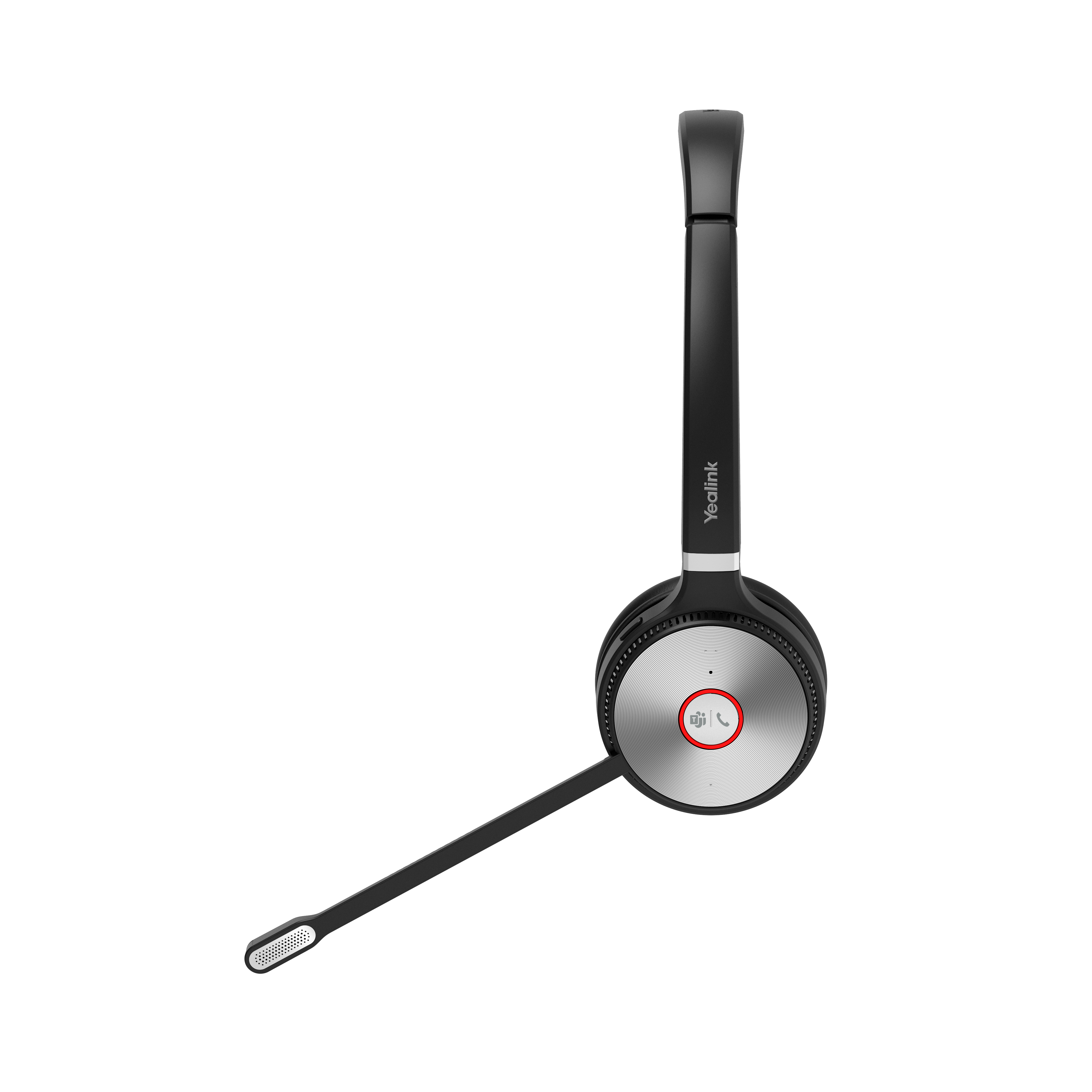 Cuffia wireless nera con microfono. Presenta un pulsante argentato con un'icona del telefono rossa.