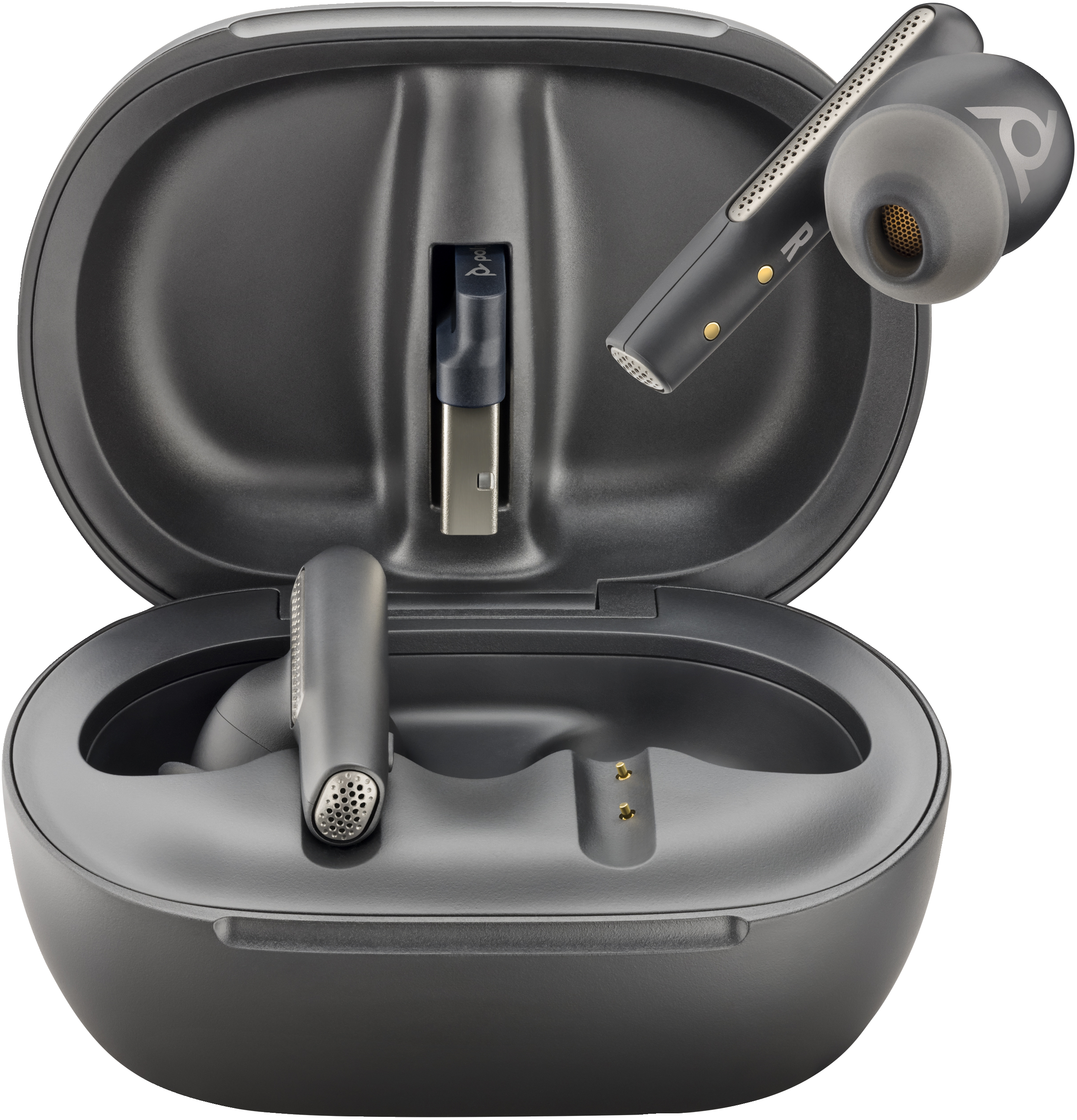 Schwarzes und graues Ladecase mit Ohrhörern und einem Lade-Dongle.