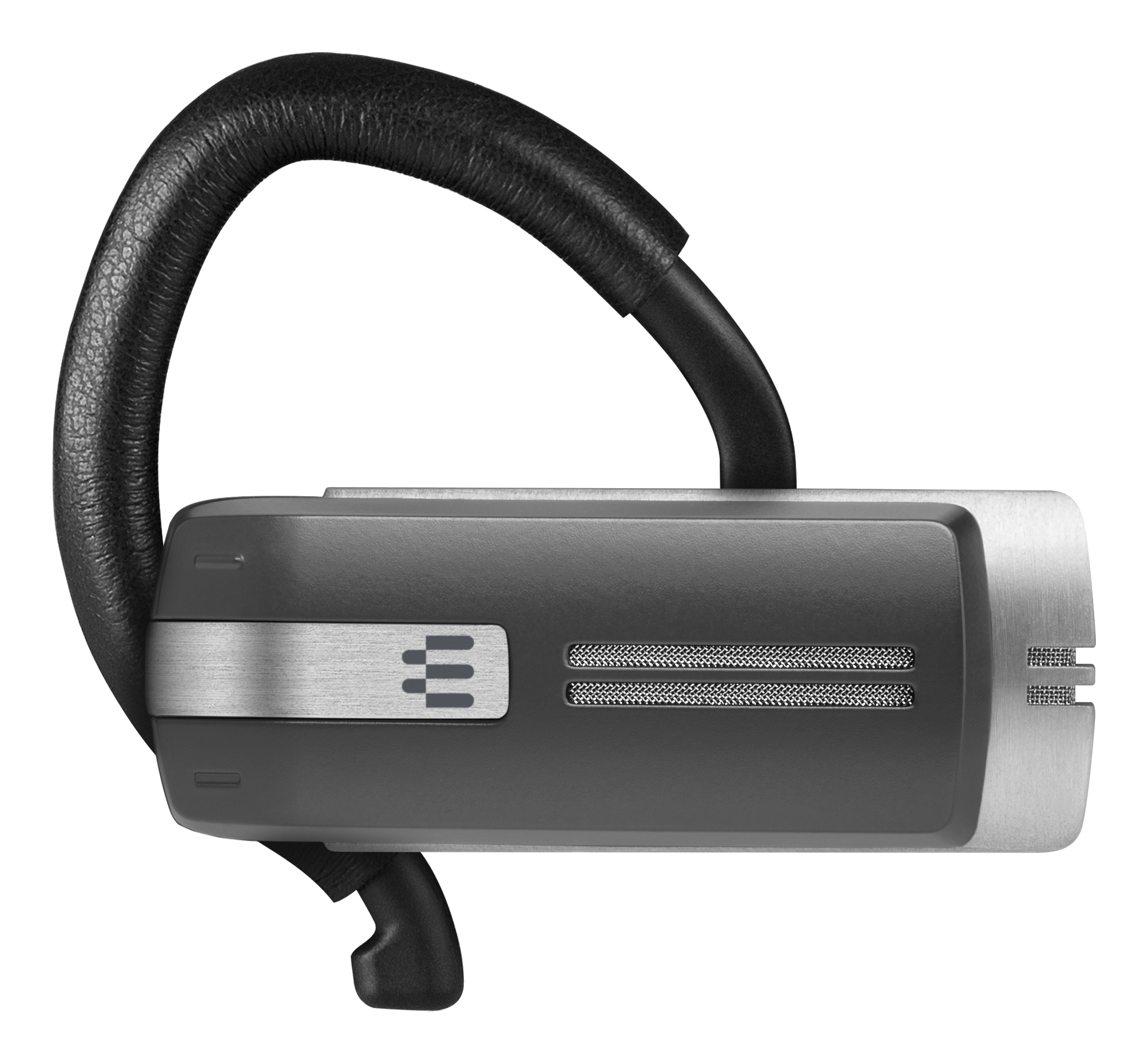 Cuffie Bluetooth. Nere e grigie con un design curvo. Sfondo bianco.