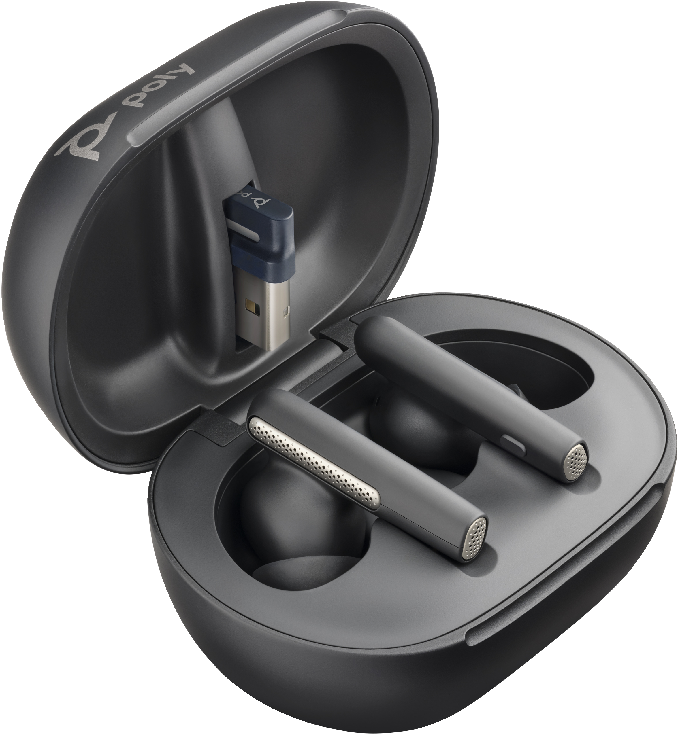 Schwarze kabellose Ohrhörer mit Ladecase. Das Case ist geöffnet und zeigt die Ohrhörer und den USB-Adapter.