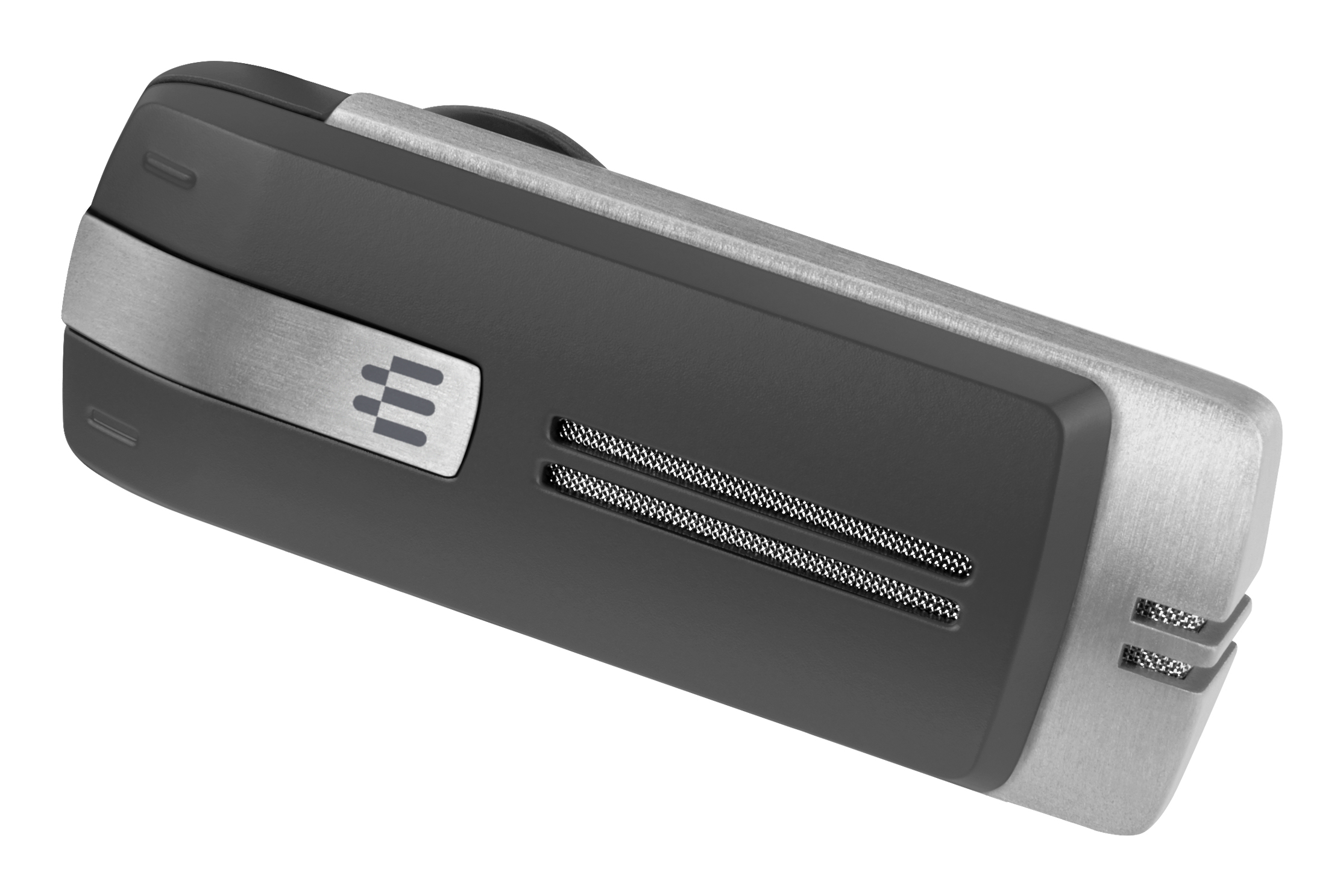 Un auricolare Bluetooth grigio scuro e argento con una striscia di metallo e un logo.