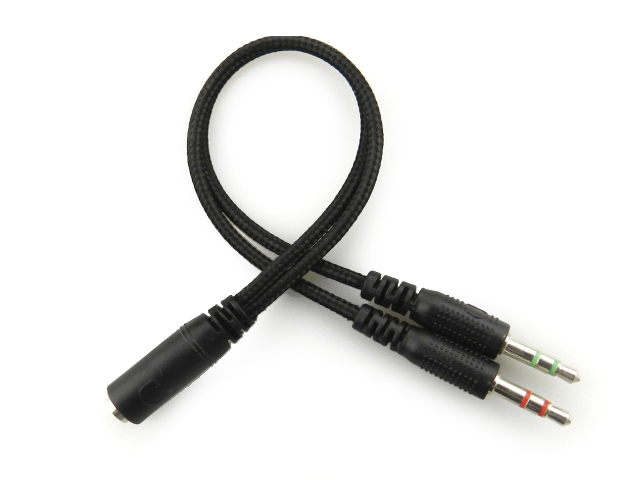 Czarny kabel audio z dwoma zielonymi i czerwonymi wtyczkami oraz pojedynczym gniazdem.