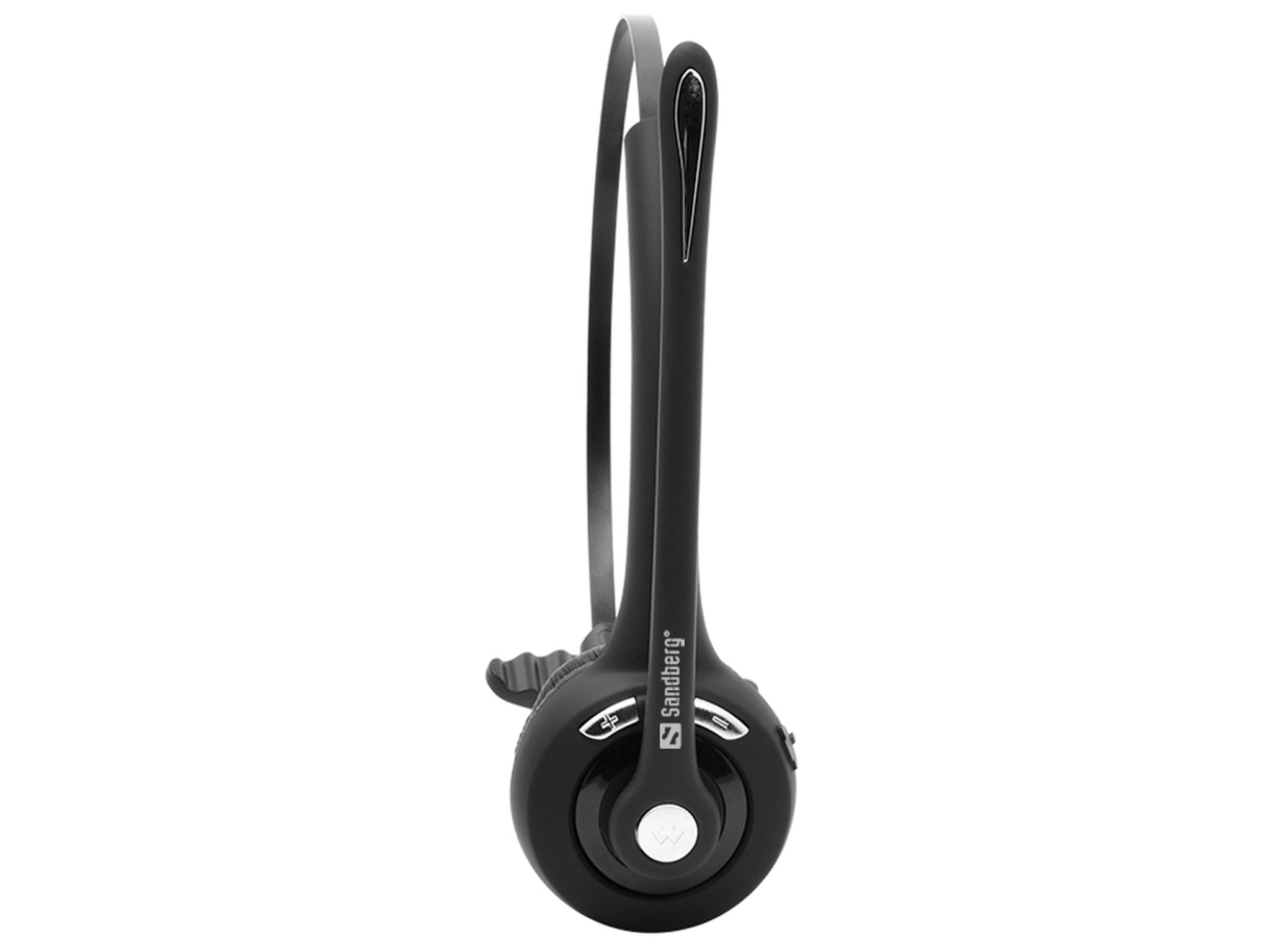 Czarny zestaw słuchawkowy na białym tle, widok z boku.