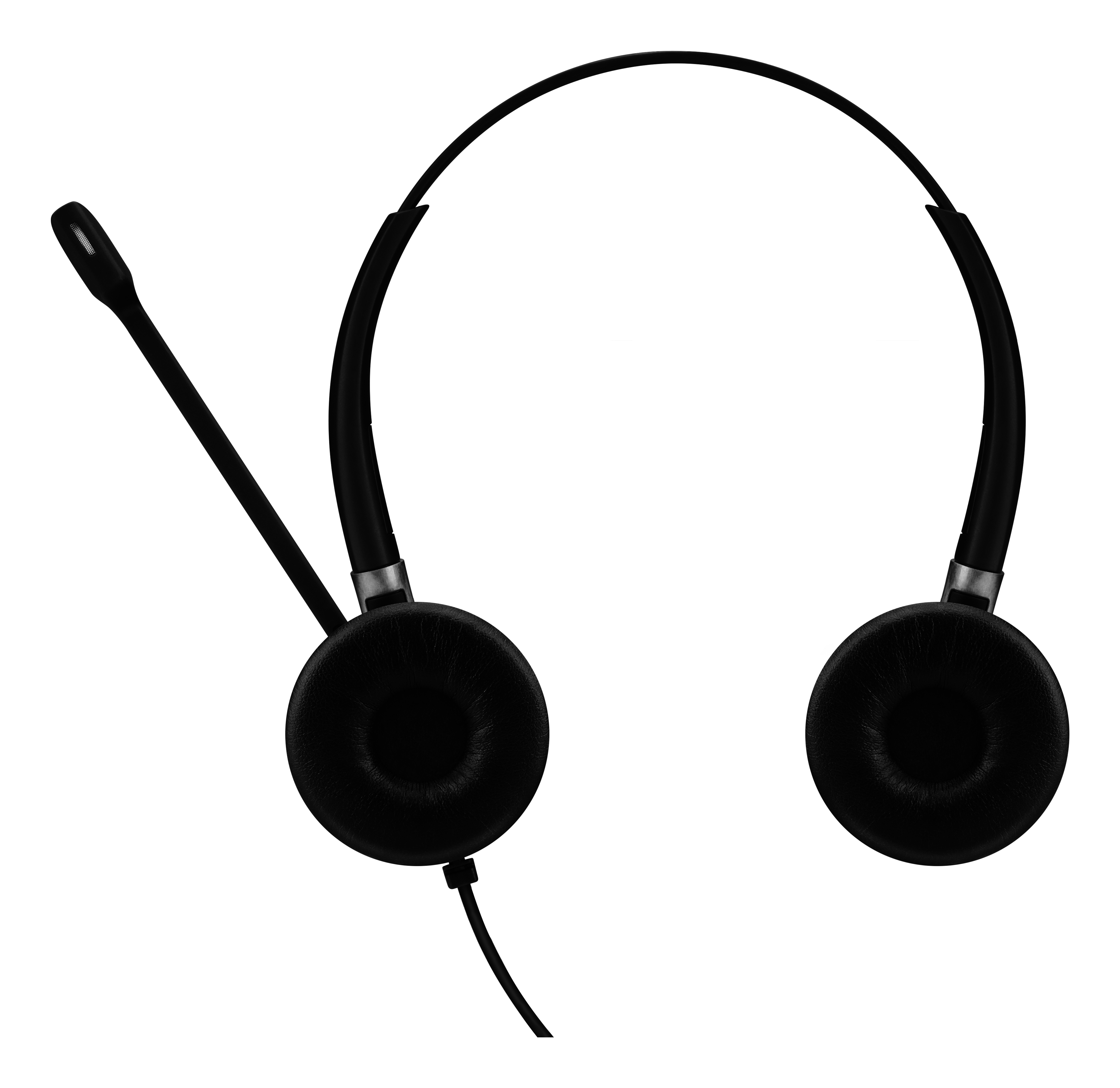 Auriculares negros con micrófono, con dos auriculares y un micrófono flexible.