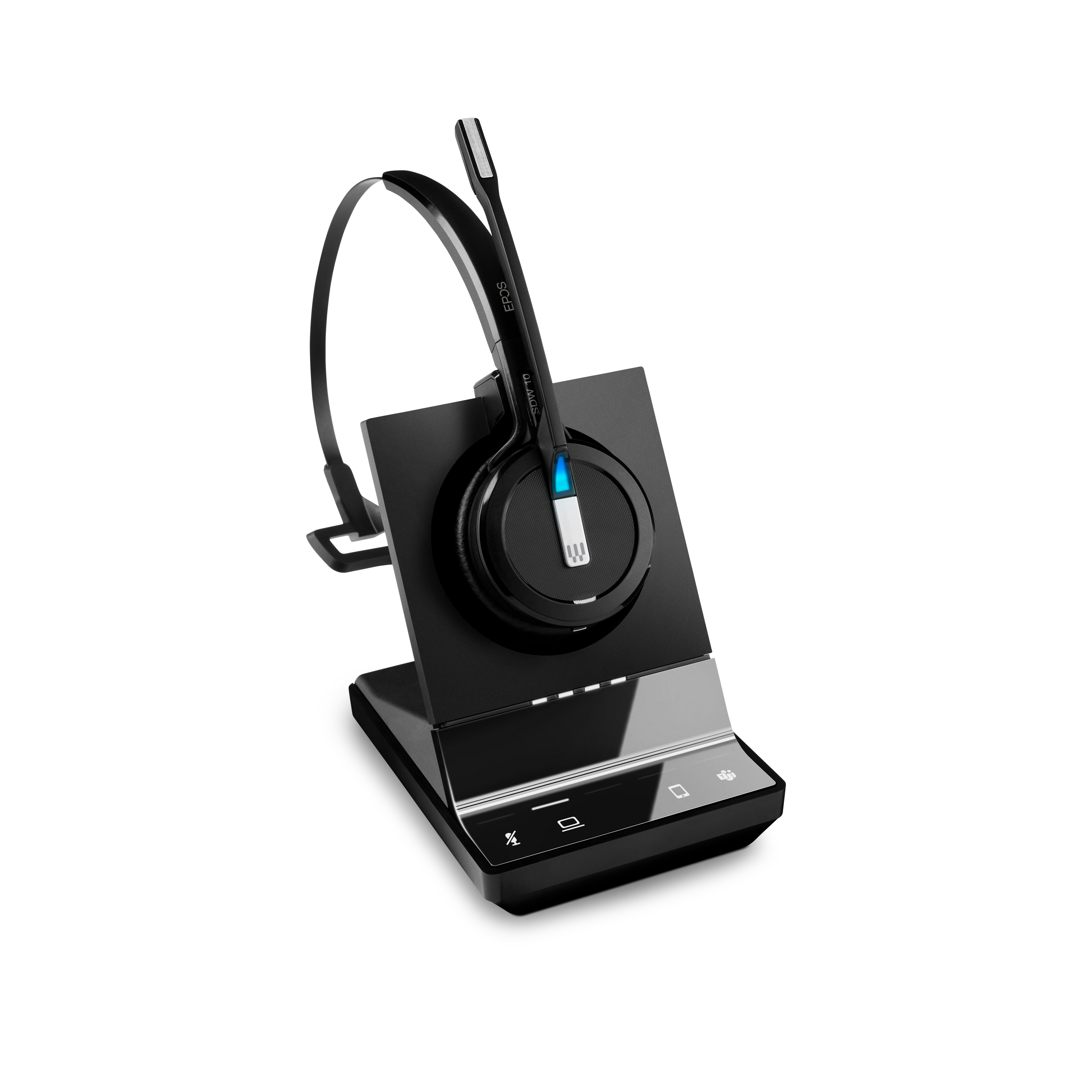 Cuffia wireless nera su base di ricarica nera, isolata su sfondo bianco.