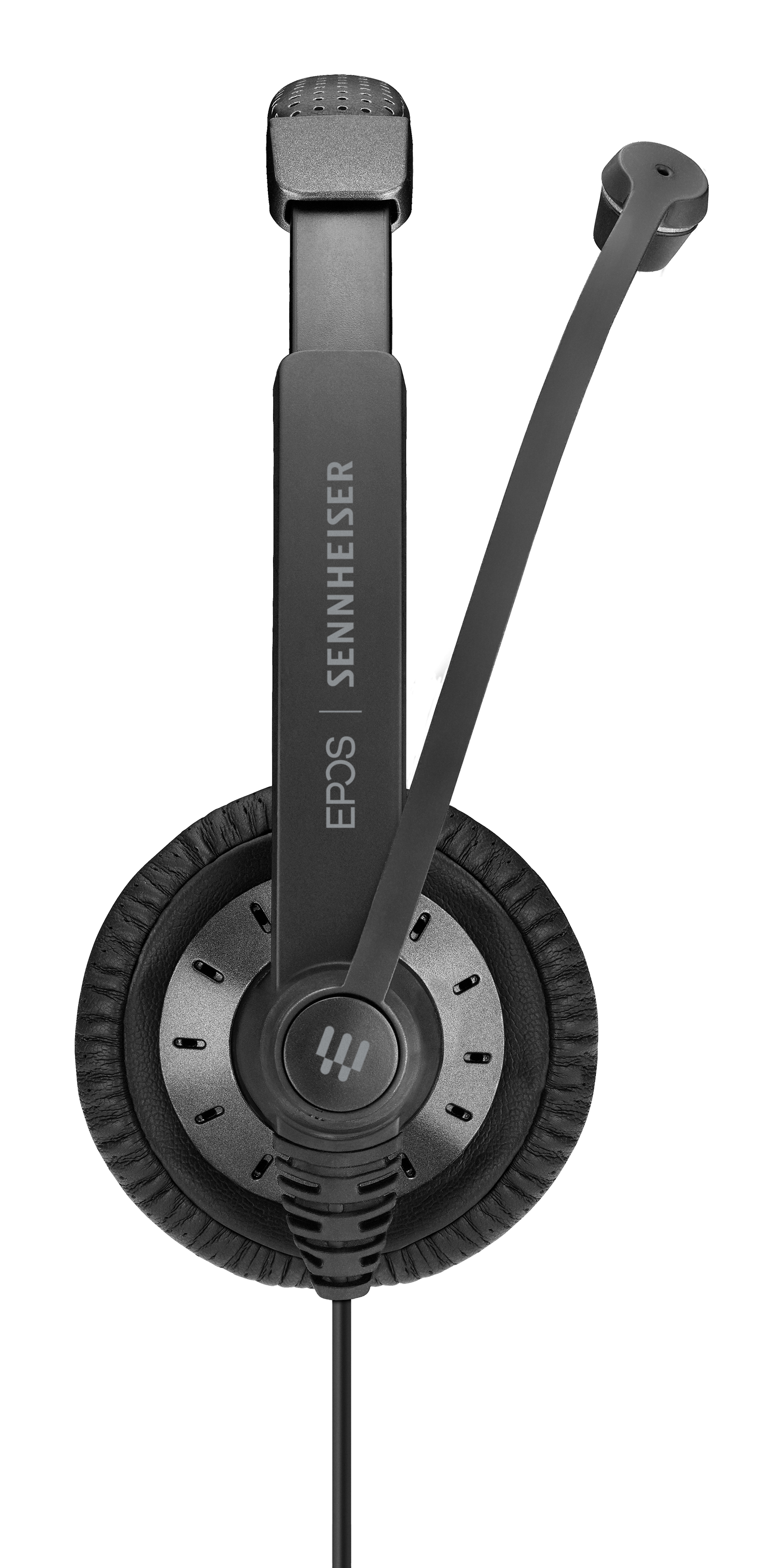 Un auricolare EPOS Sennheiser nero con microfono su sfondo bianco.