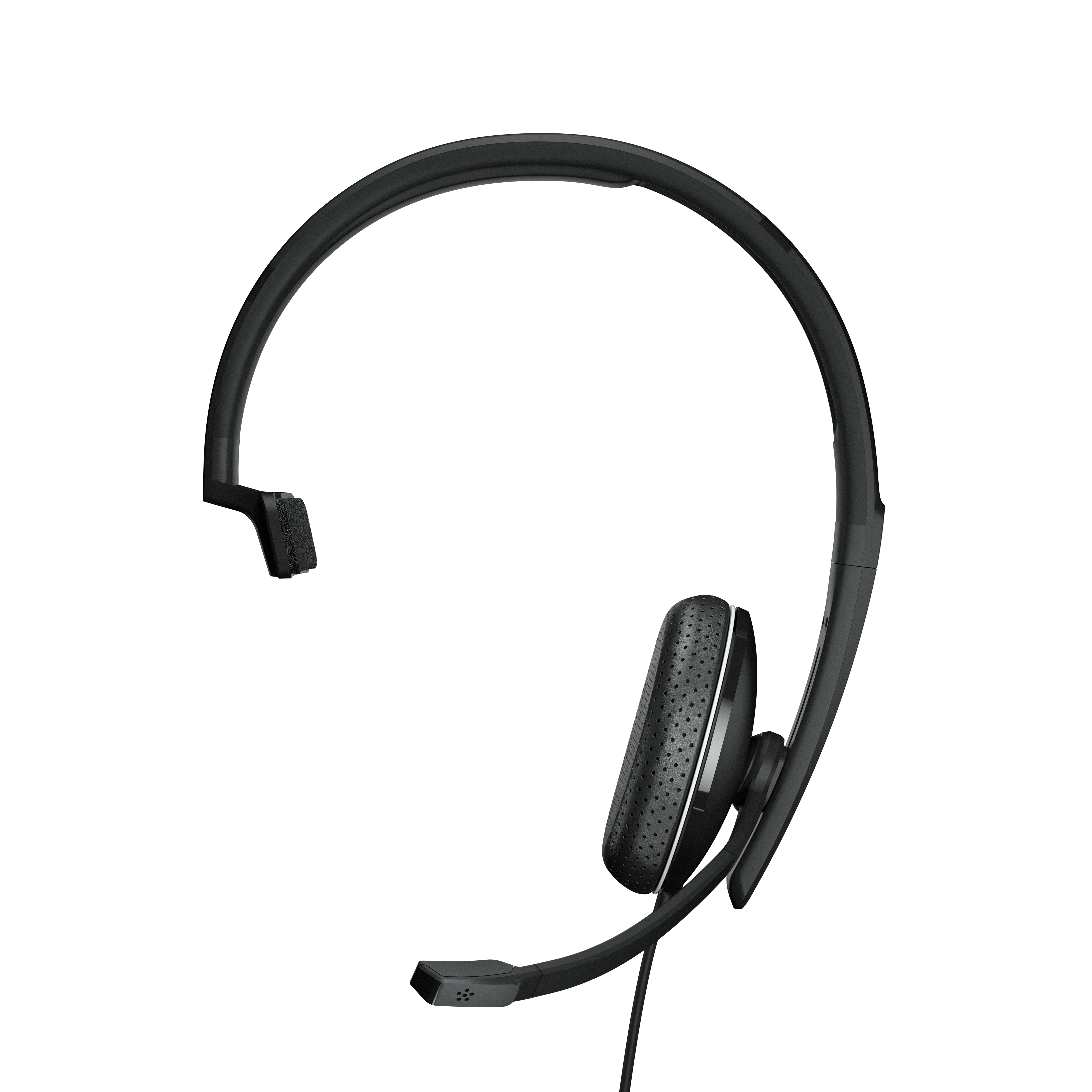 Ein schwarzes Headset mit einem einzelnen Ohrhörer und einem Mikrofon auf weißem Hintergrund.
