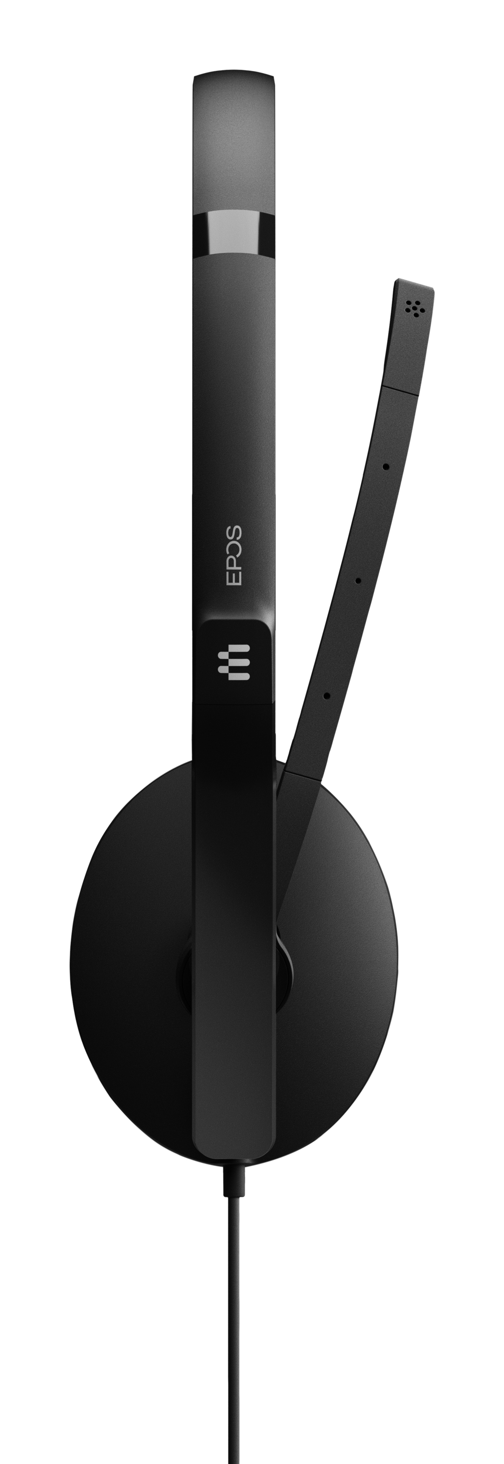 Czarny zestaw słuchawkowy z elastycznym mikrofonem i okrągłym nausznikiem.