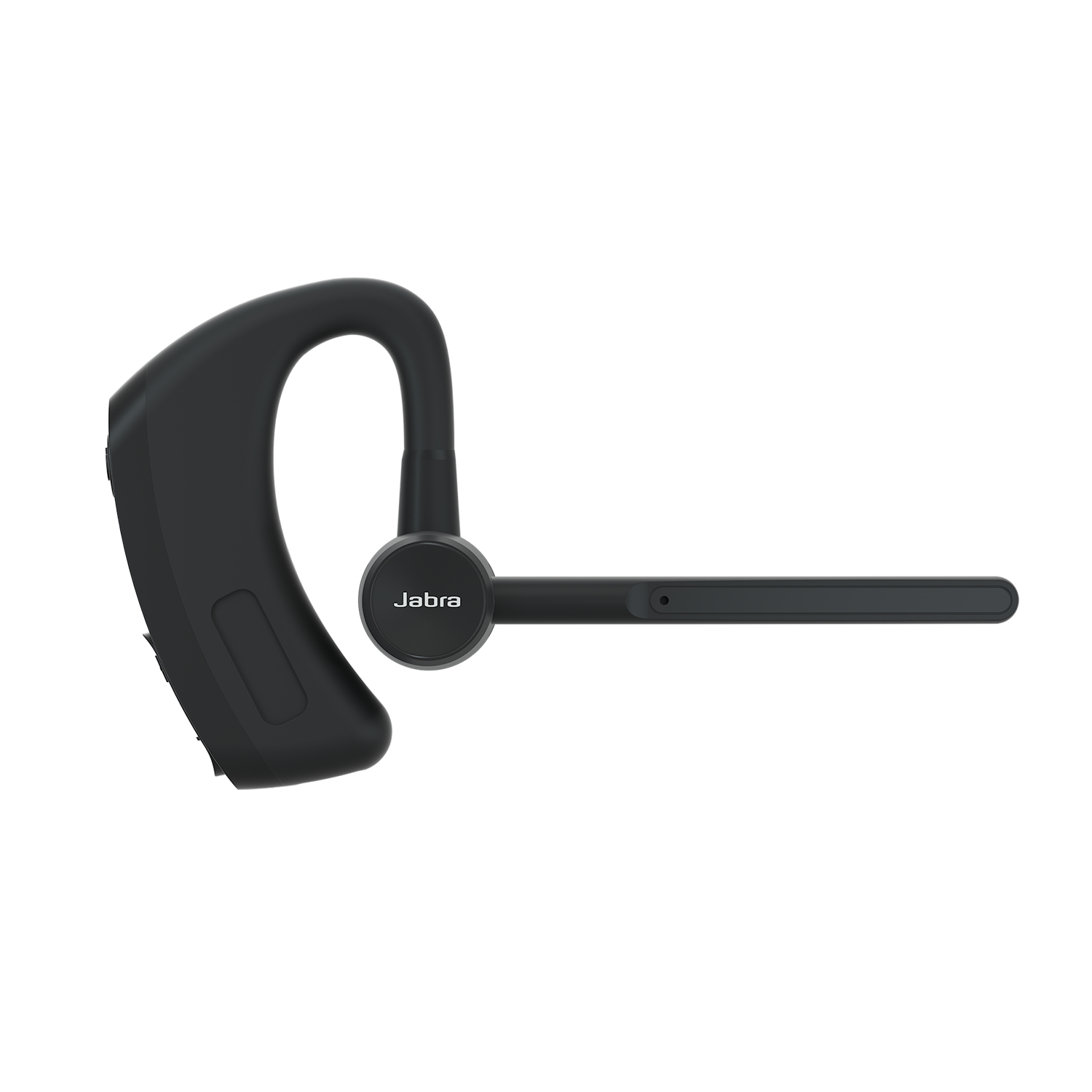 Schwarzes Jabra Bluetooth-Headset, schlankes Design. Es ist auf weißem Hintergrund.