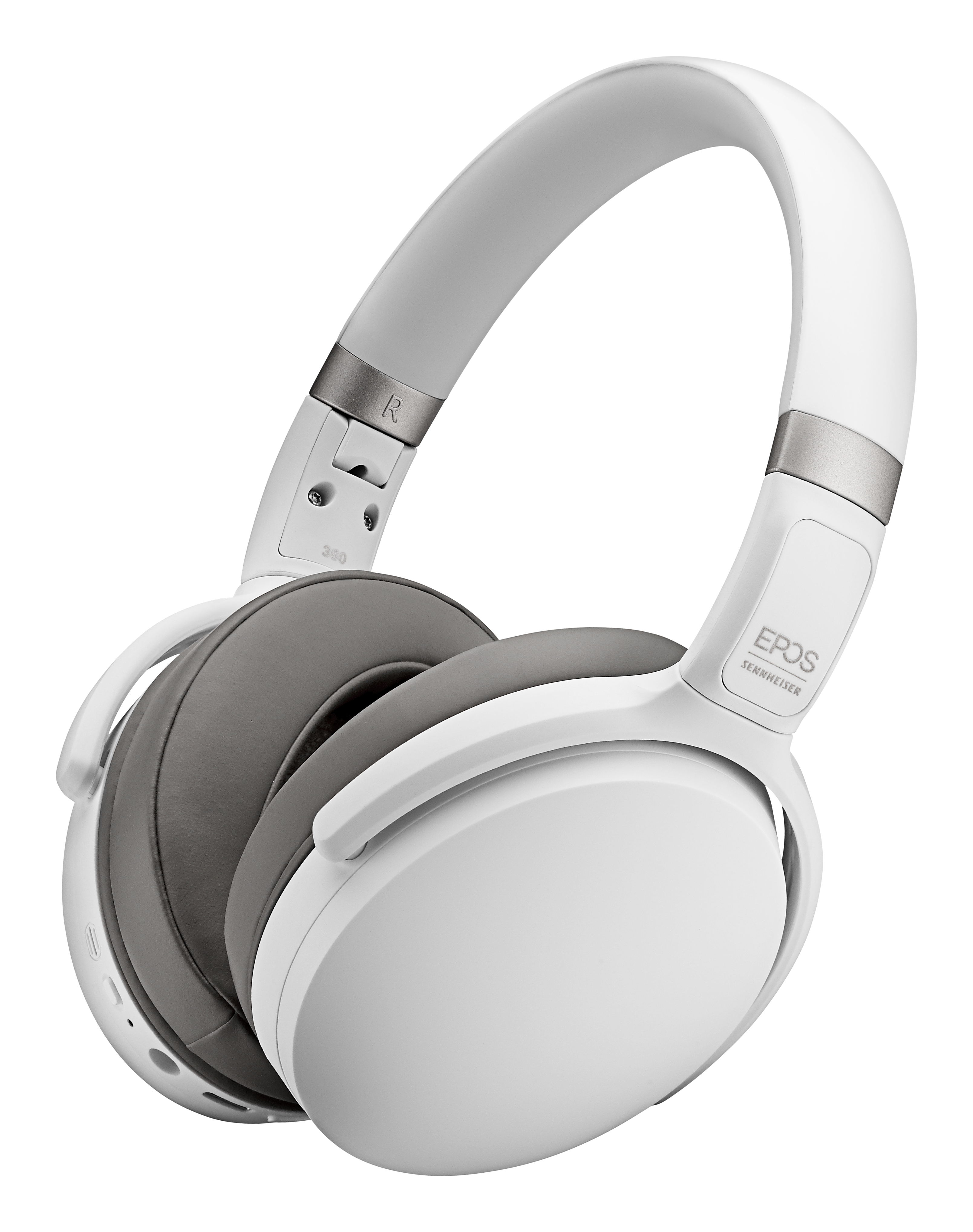 Weiße EPOS Sennheiser Kopfhörer mit grauen Ohrmuscheln. Die Kopfhörer sind Over-Ear.