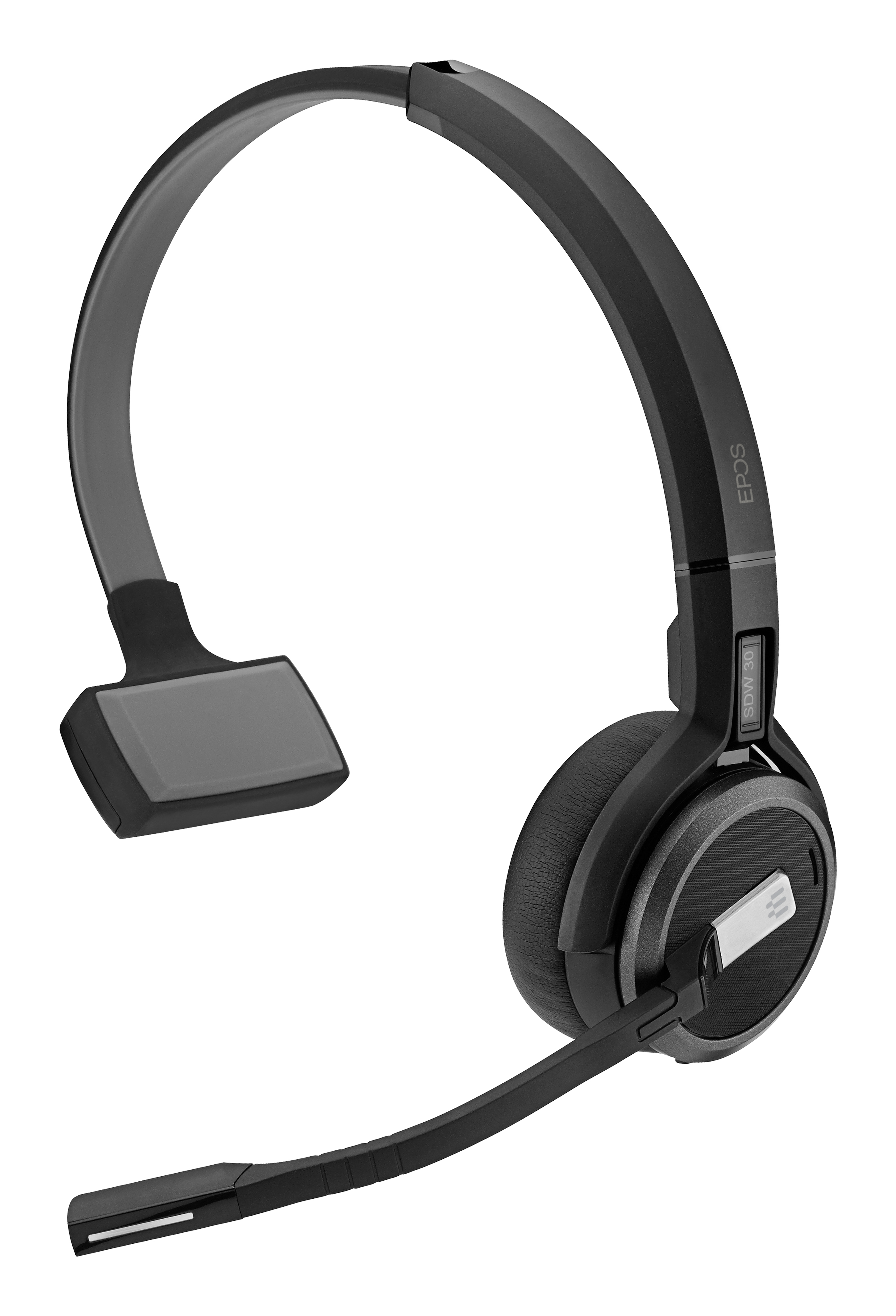 Ein kabelloses schwarzes Headset mit Mikrofon, isoliert auf weißem Hintergrund.