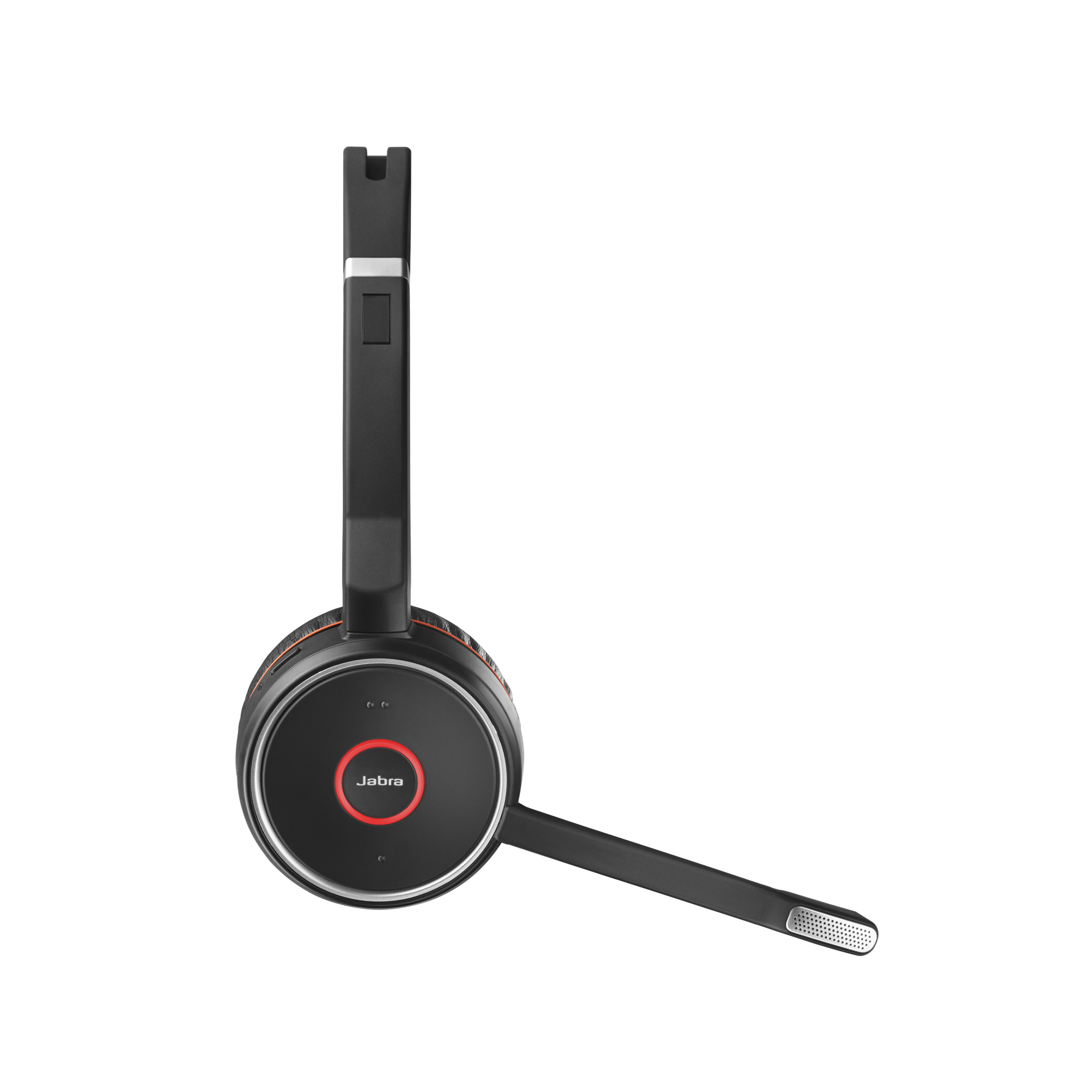 Zwarte Jabra-headset met een lange microfoonarm, rode accentcirkel. Witte achtergrond.