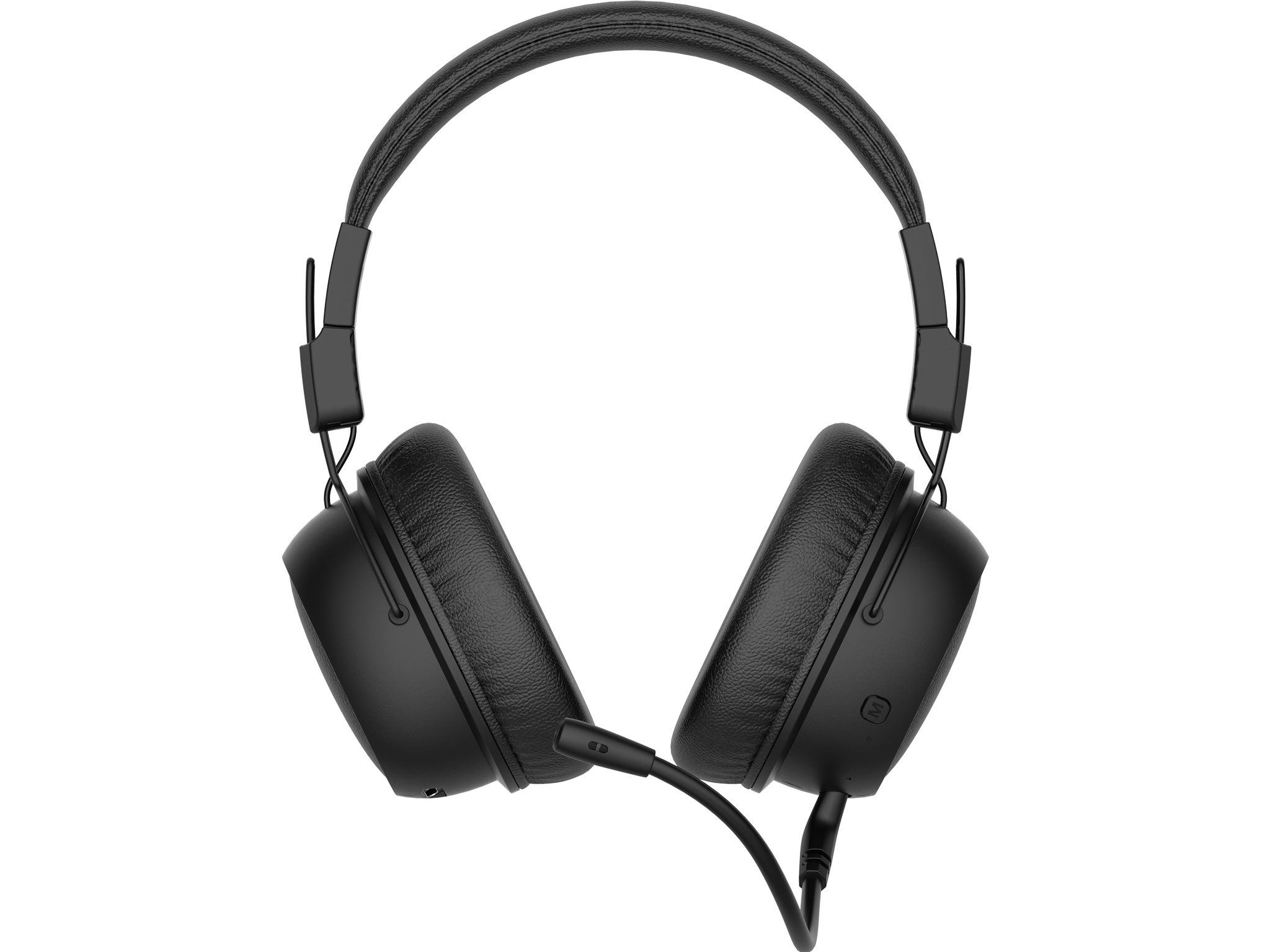 Over-ear headphones, black, with a microphone attached to the left earcup, top view.