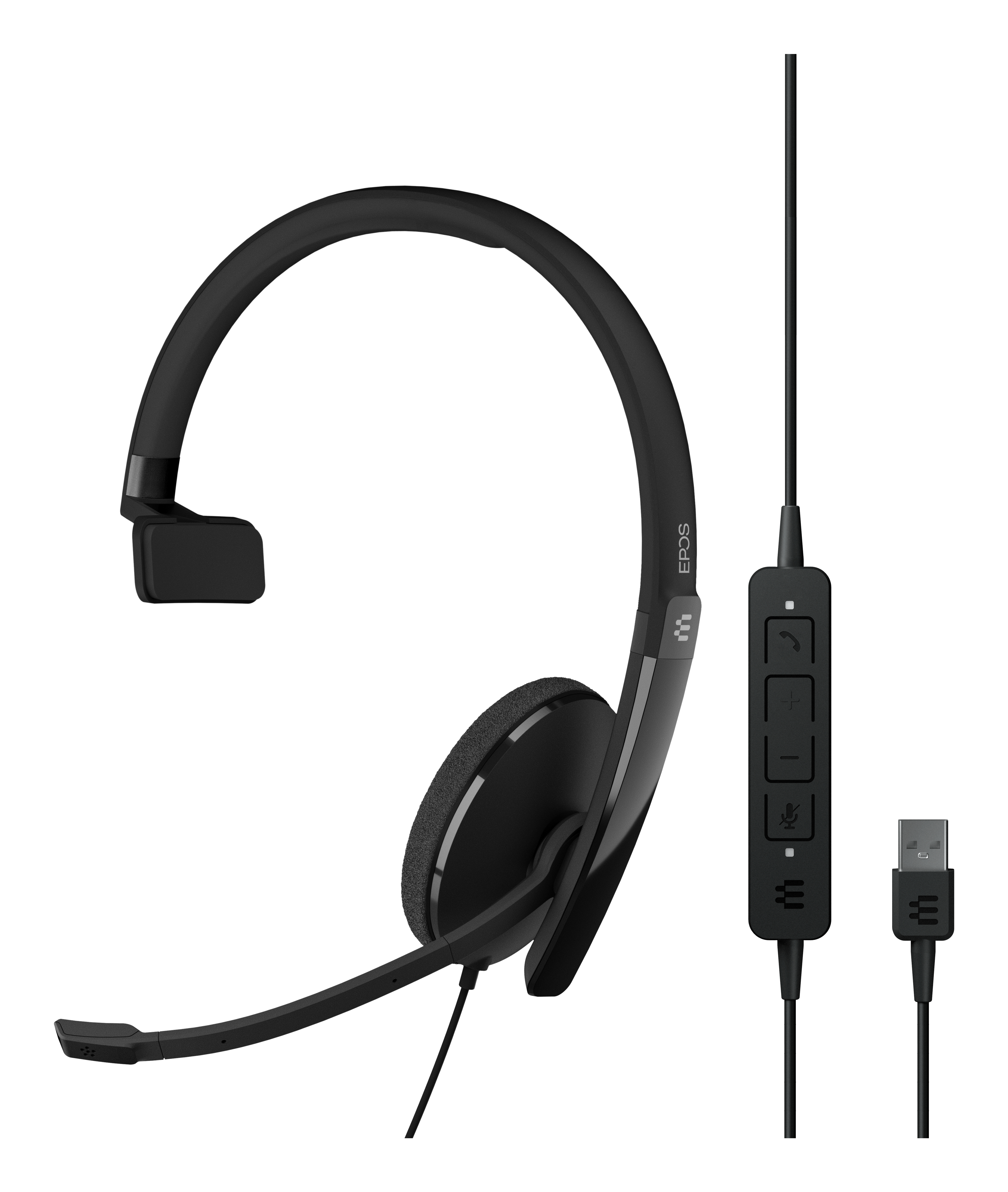 Cuffie nere con microfono e connessione USB. L'auricolare è sul lato sinistro.