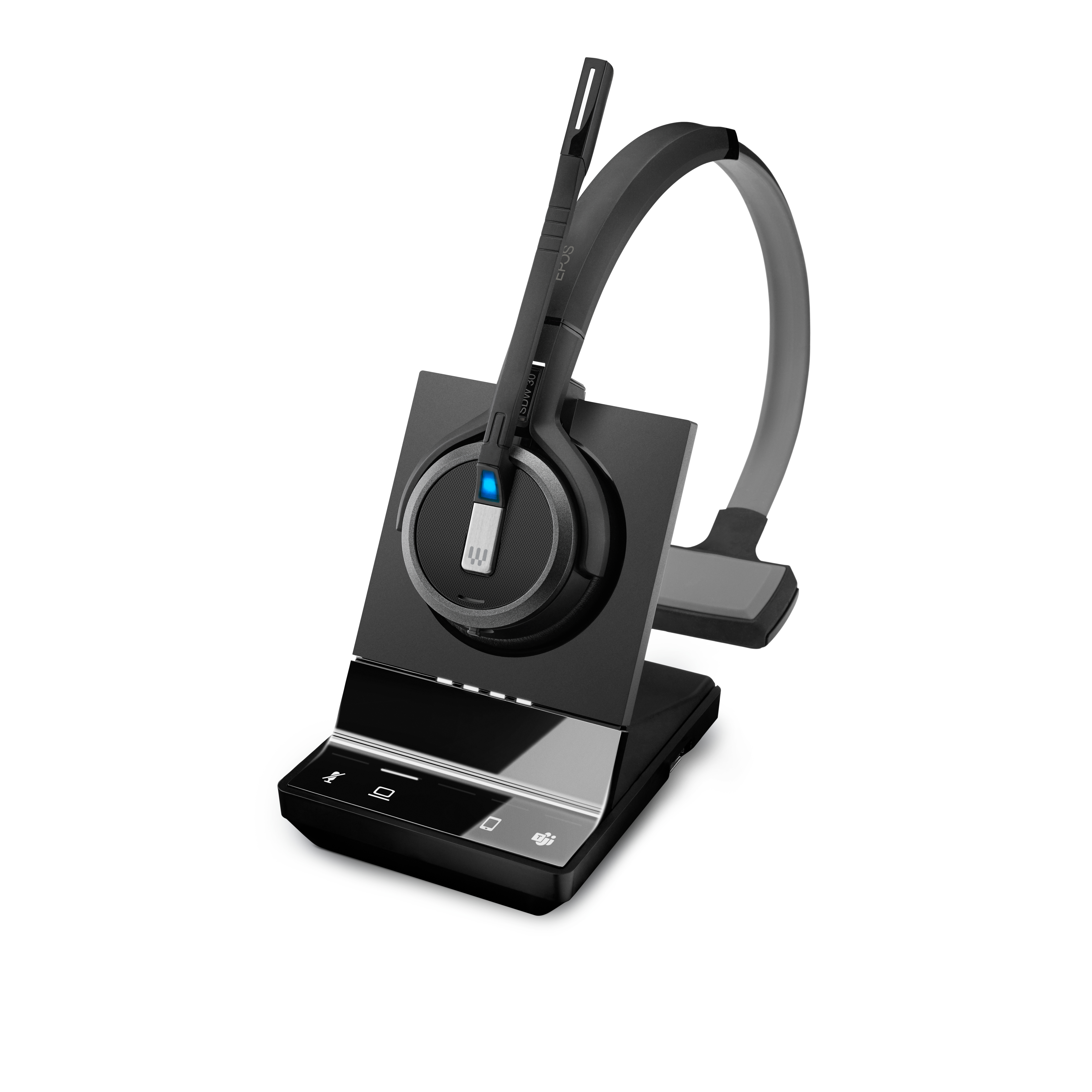 Cuffie nere con base di ricarica. L'auricolare ha un microfono e un supporto.