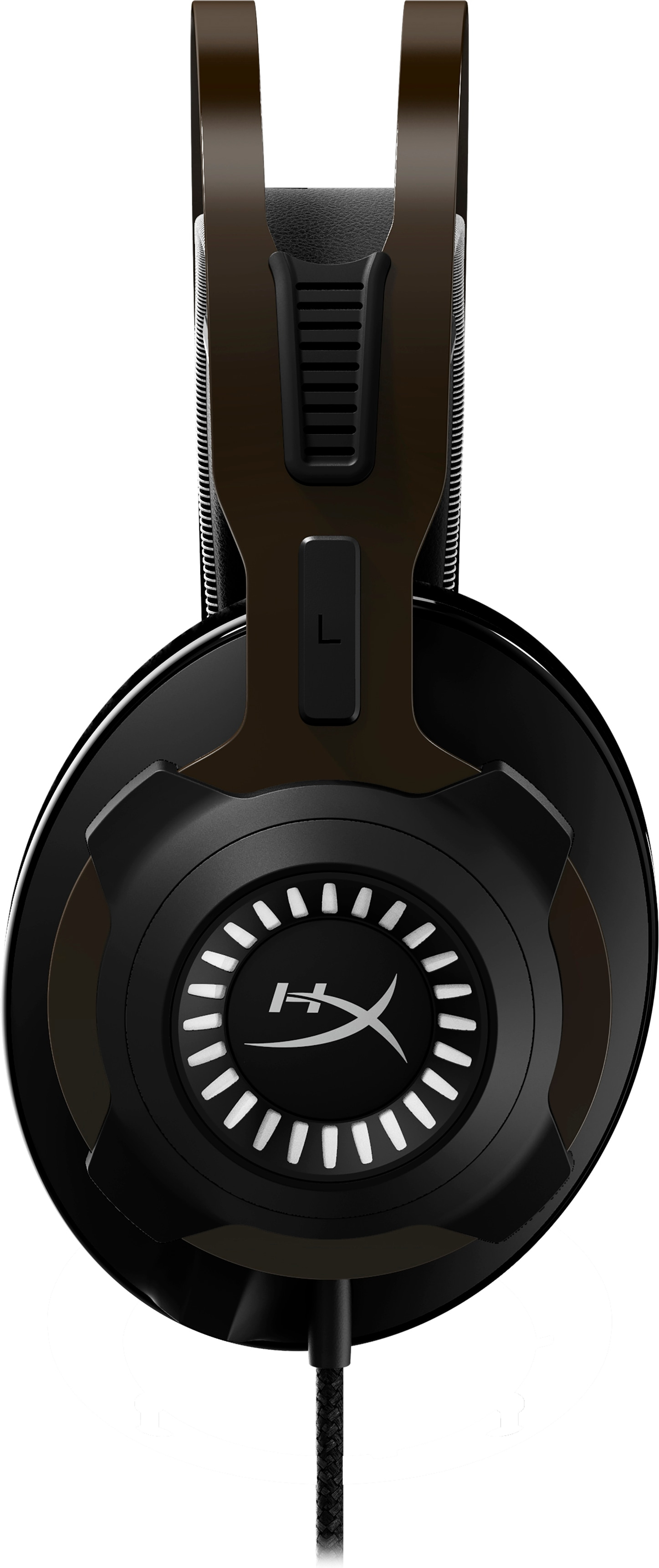 Widok z góry na czarne i brązowe słuchawki dla graczy. Widoczne logo HyperX.