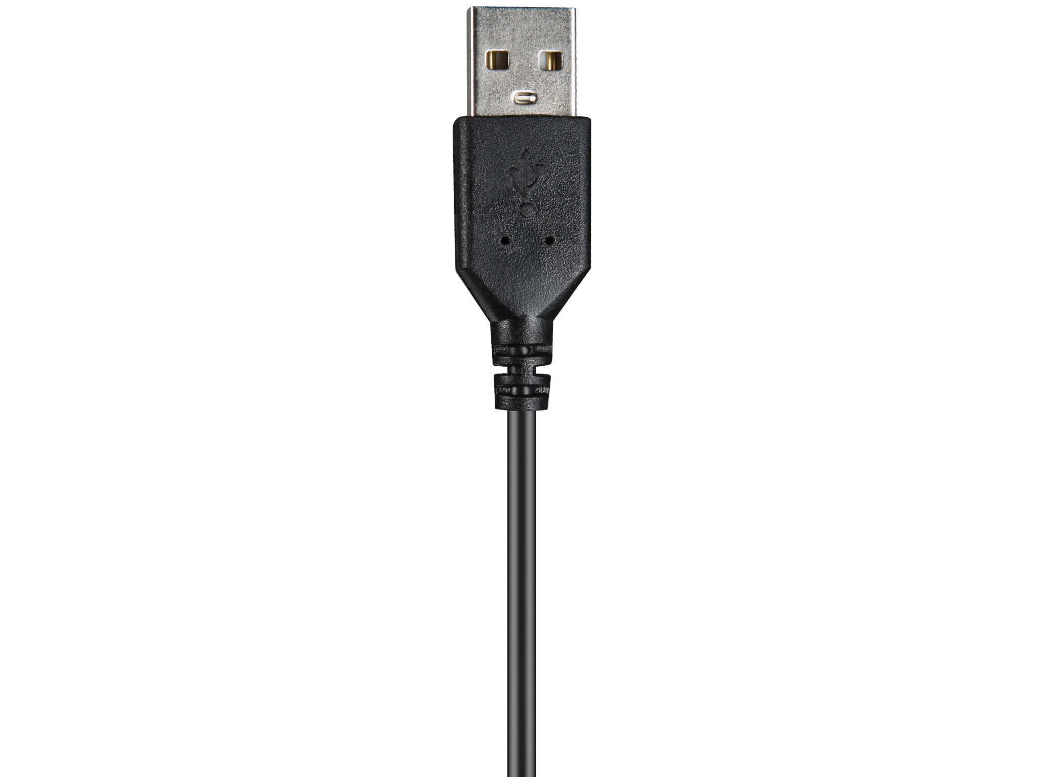 Czarny kabel USB. Złącze USB-A na górze. Białe tło.