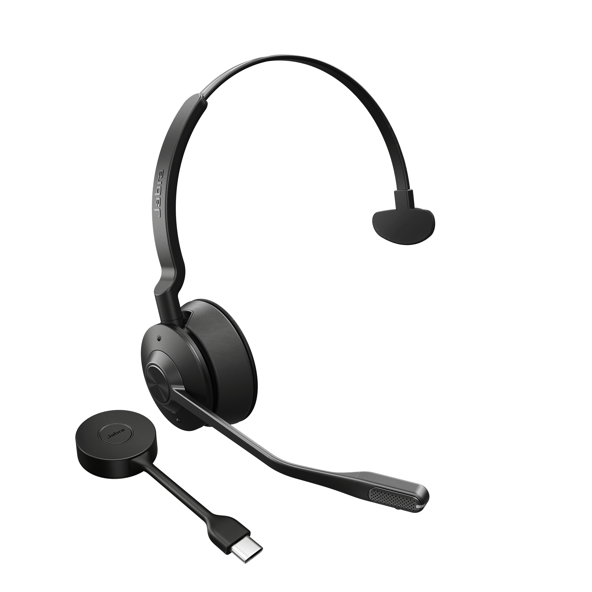 A black Jabra headset with a microphone and a base. The base is a small disc.