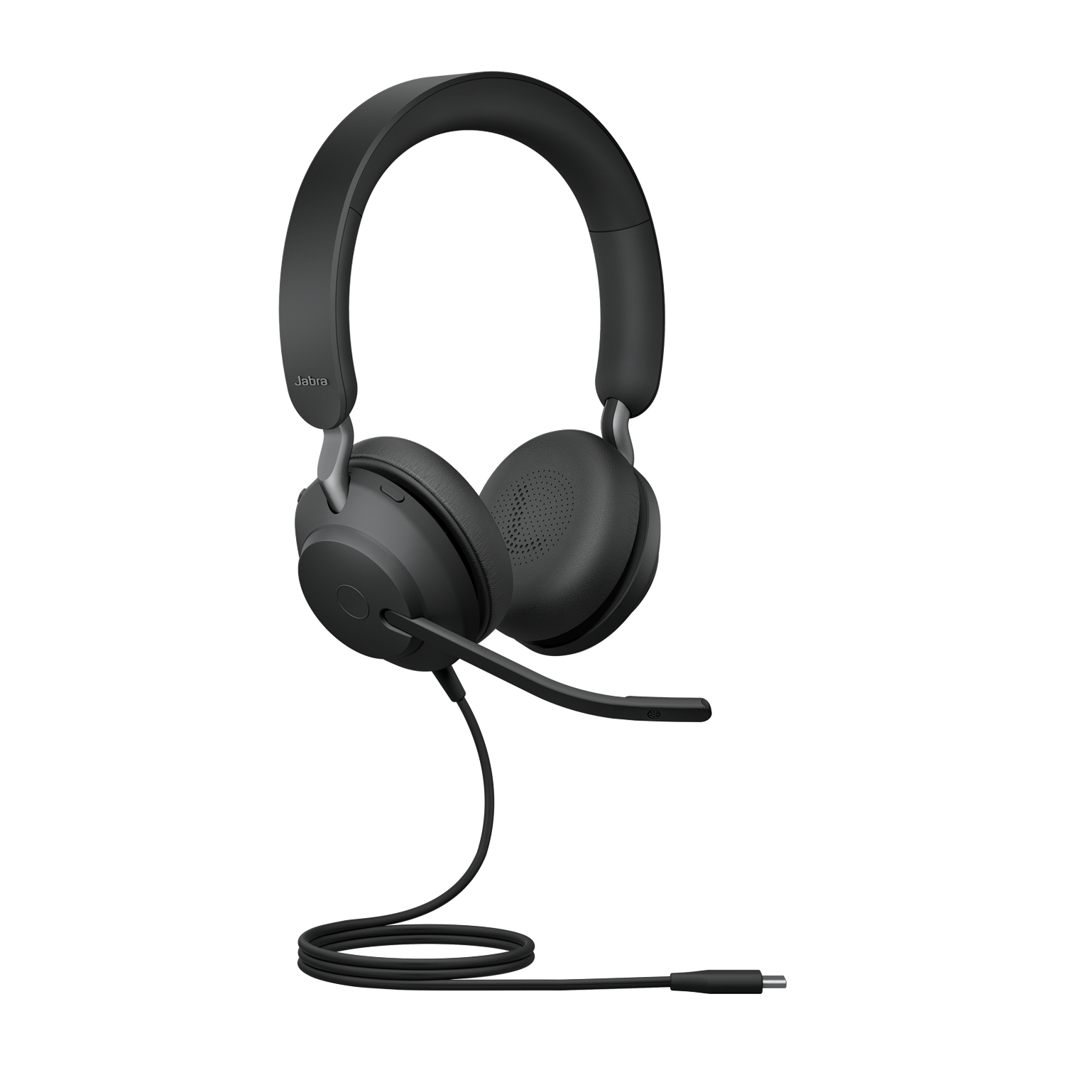 Schwarze Jabra-Kopfhörer mit Mikrofon, Kabel und Stecker auf weißem Hintergrund.
